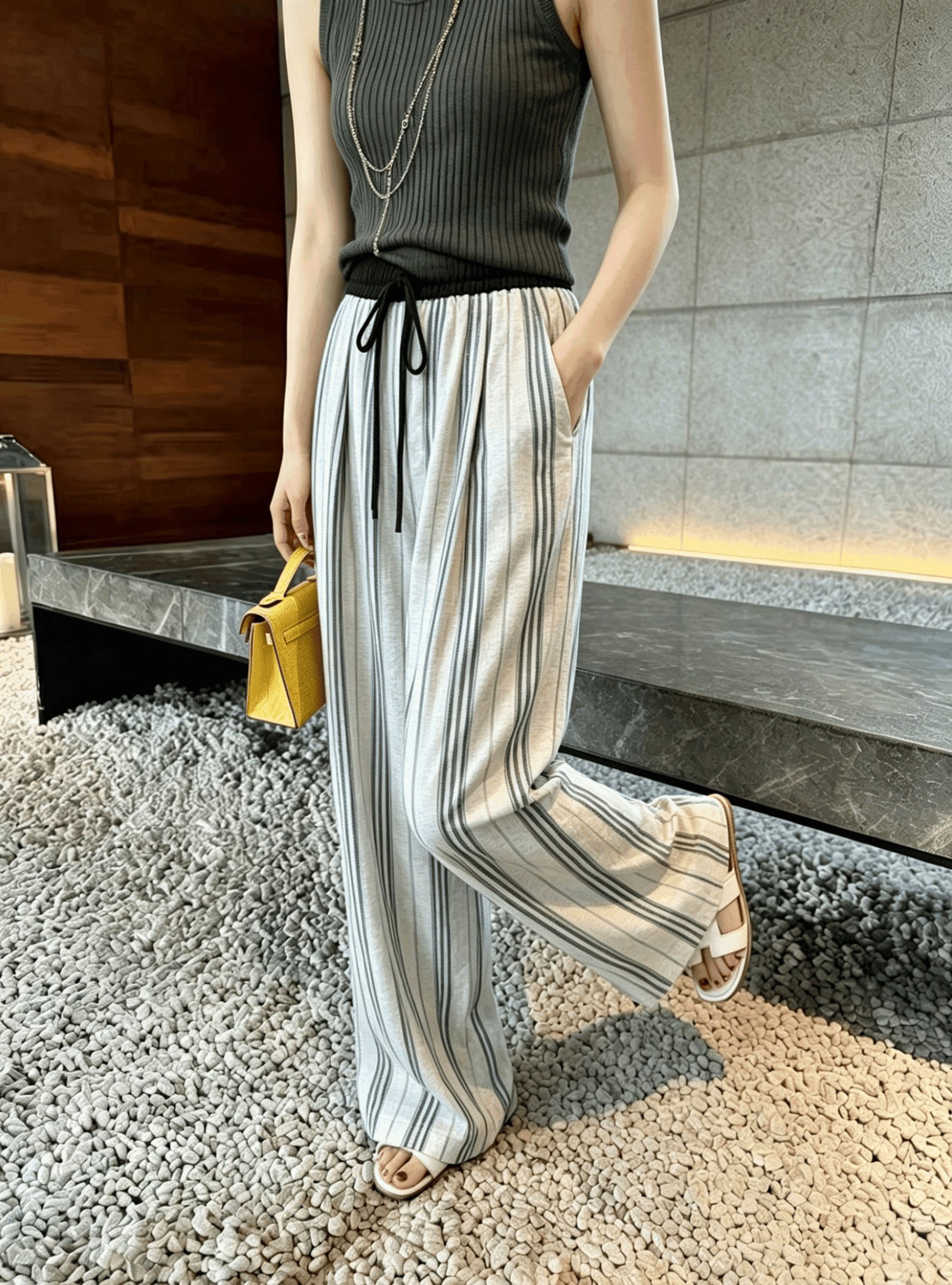 실사 느긋한 바람 레트로 스트라이프 펌프 로프 허리밴드 와이드 레그 팬츠 어린이 2026 여성 여름 루즈핏 스트레이트 아마 상세 이미지 2