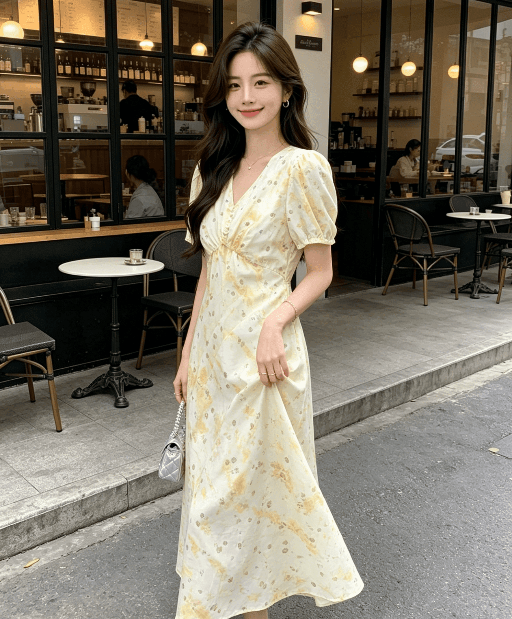 실사 프랑스식 품격 반팔 황색 꽃무늬 V넥 드레스 2024 새로운 여성 여름 작은 어린이 길이 치마 이미지 2