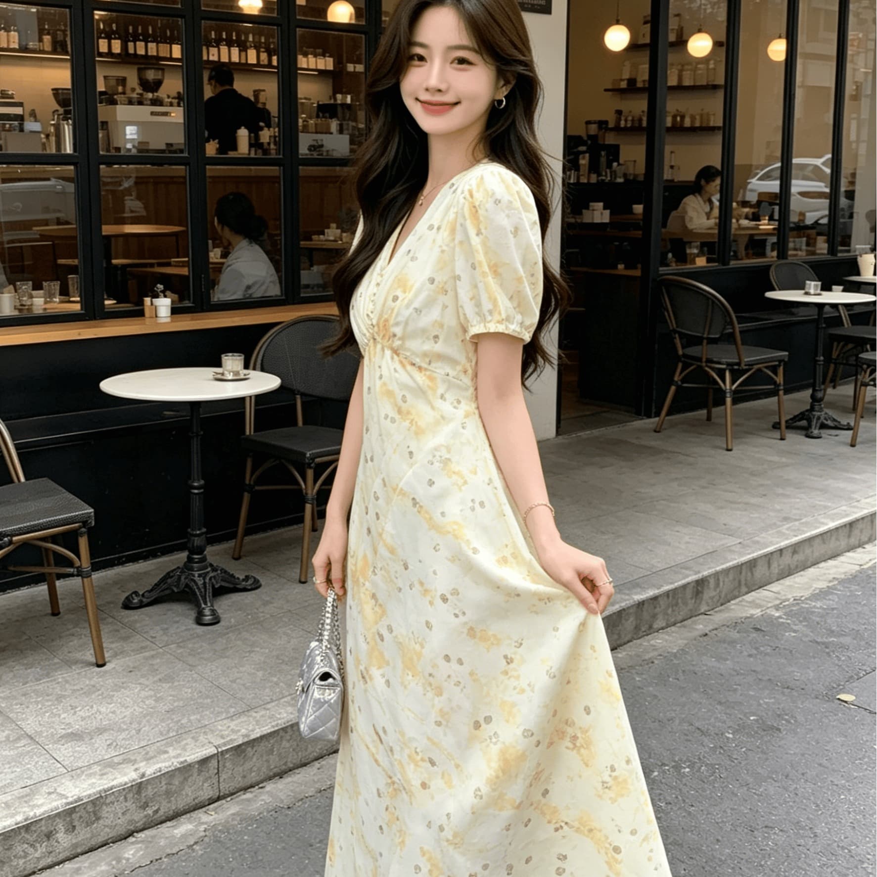 실사 프랑스식 품격 반팔 황색 꽃무늬 V넥 드레스 2024 새로운 여성 여름 작은 어린이 길이 치마 이미지 5