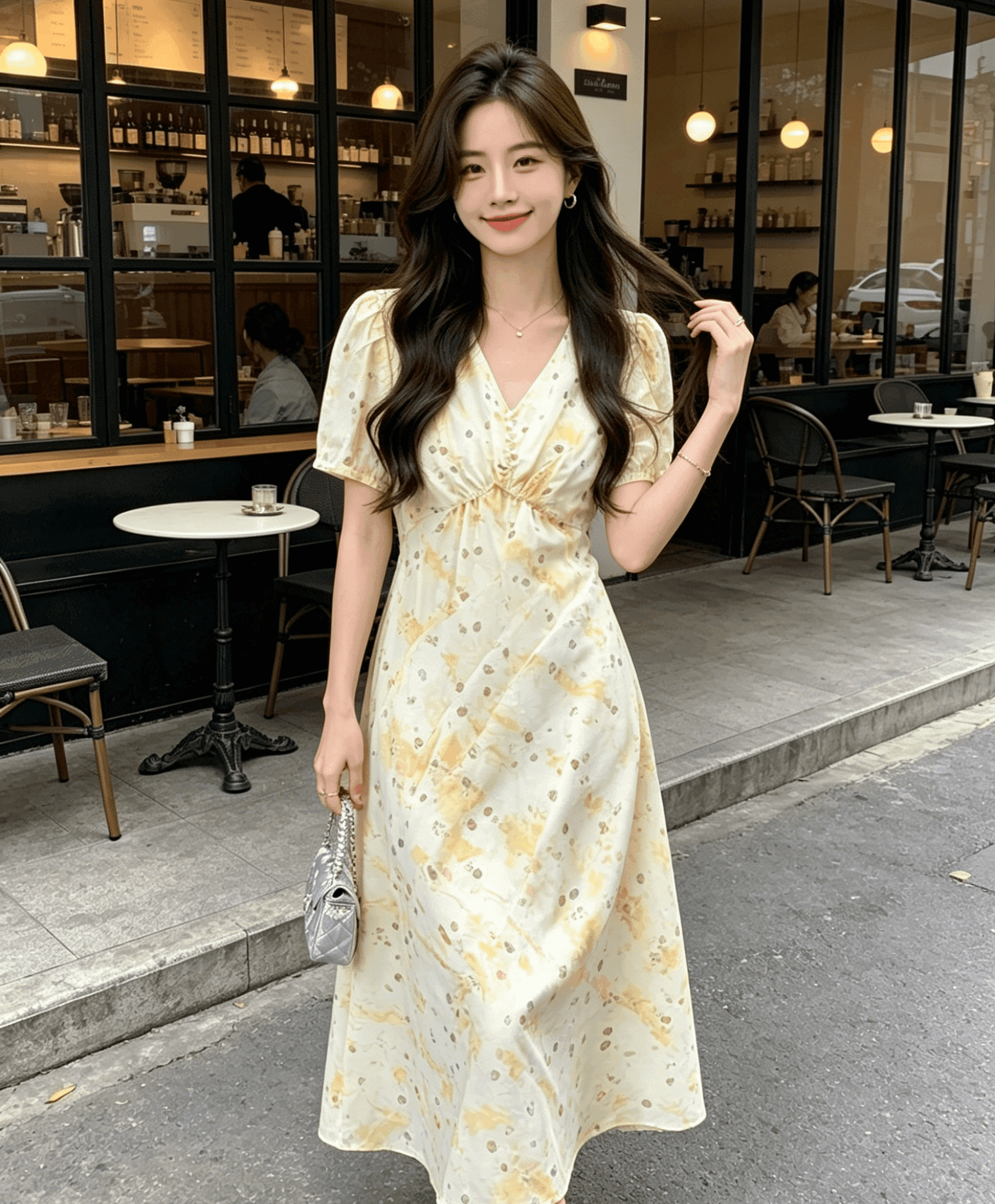 실사 프랑스식 품격 반팔 황색 꽃무늬 V넥 드레스 2024 새로운 여성 여름 작은 어린이 길이 치마 상세 이미지 1