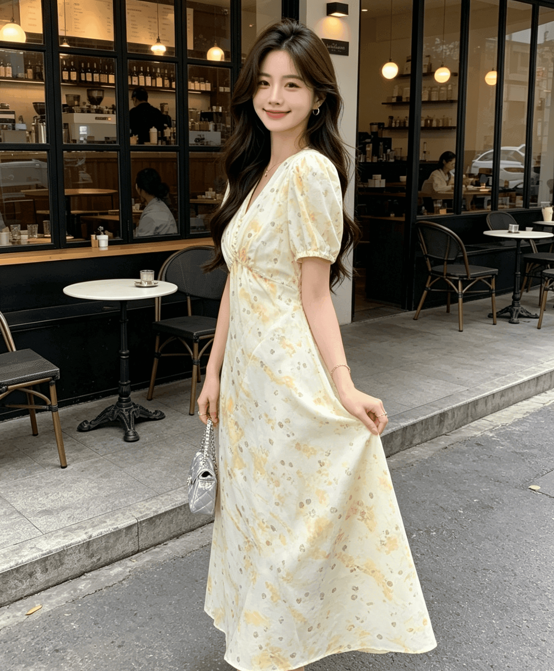 실사 프랑스식 품격 반팔 황색 꽃무늬 V넥 드레스 2024 새로운 여성 여름 작은 어린이 길이 치마 상세 이미지 2