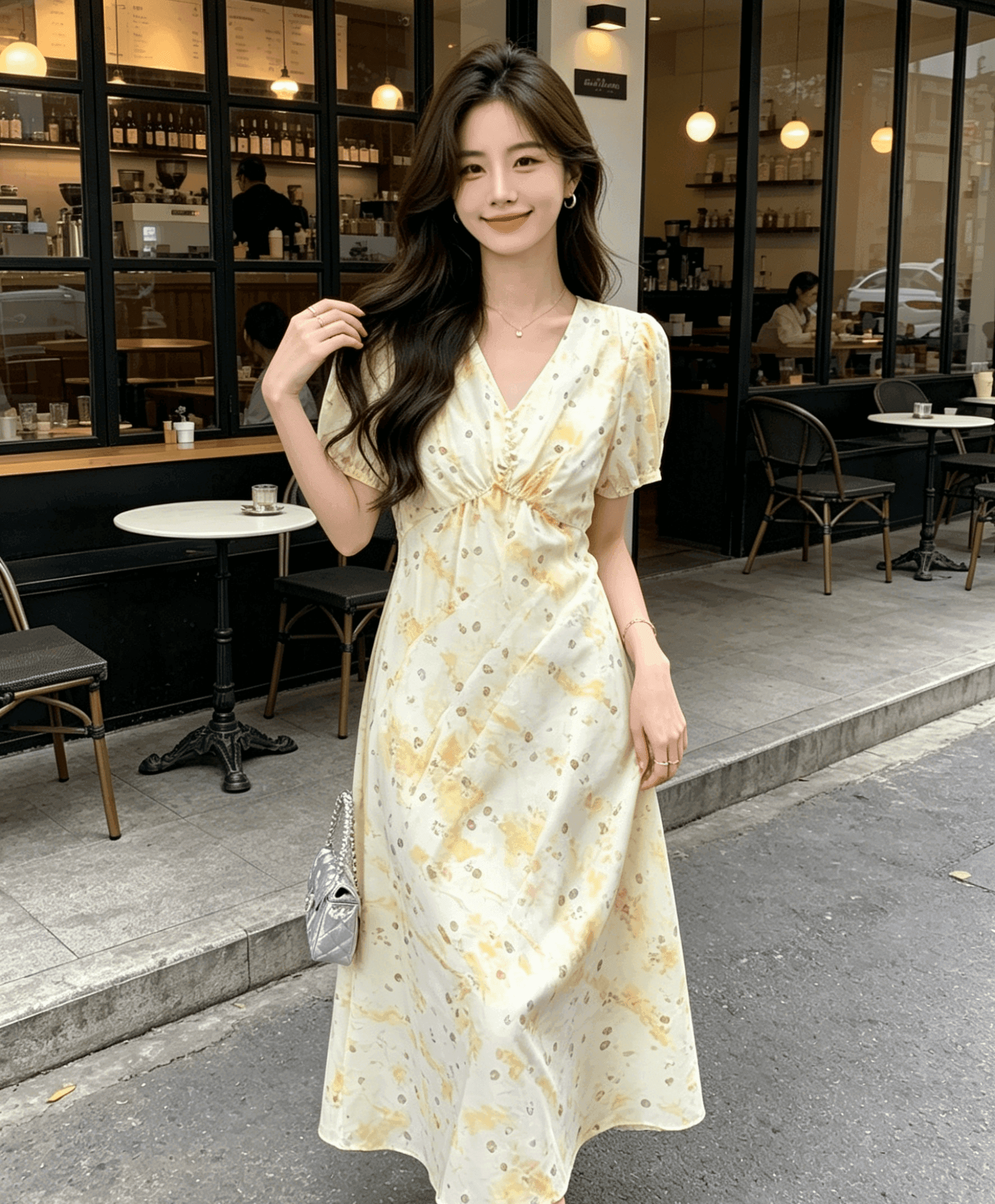 실사 프랑스식 품격 반팔 황색 꽃무늬 V넥 드레스 2024 새로운 여성 여름 작은 어린이 길이 치마 상세 이미지 4