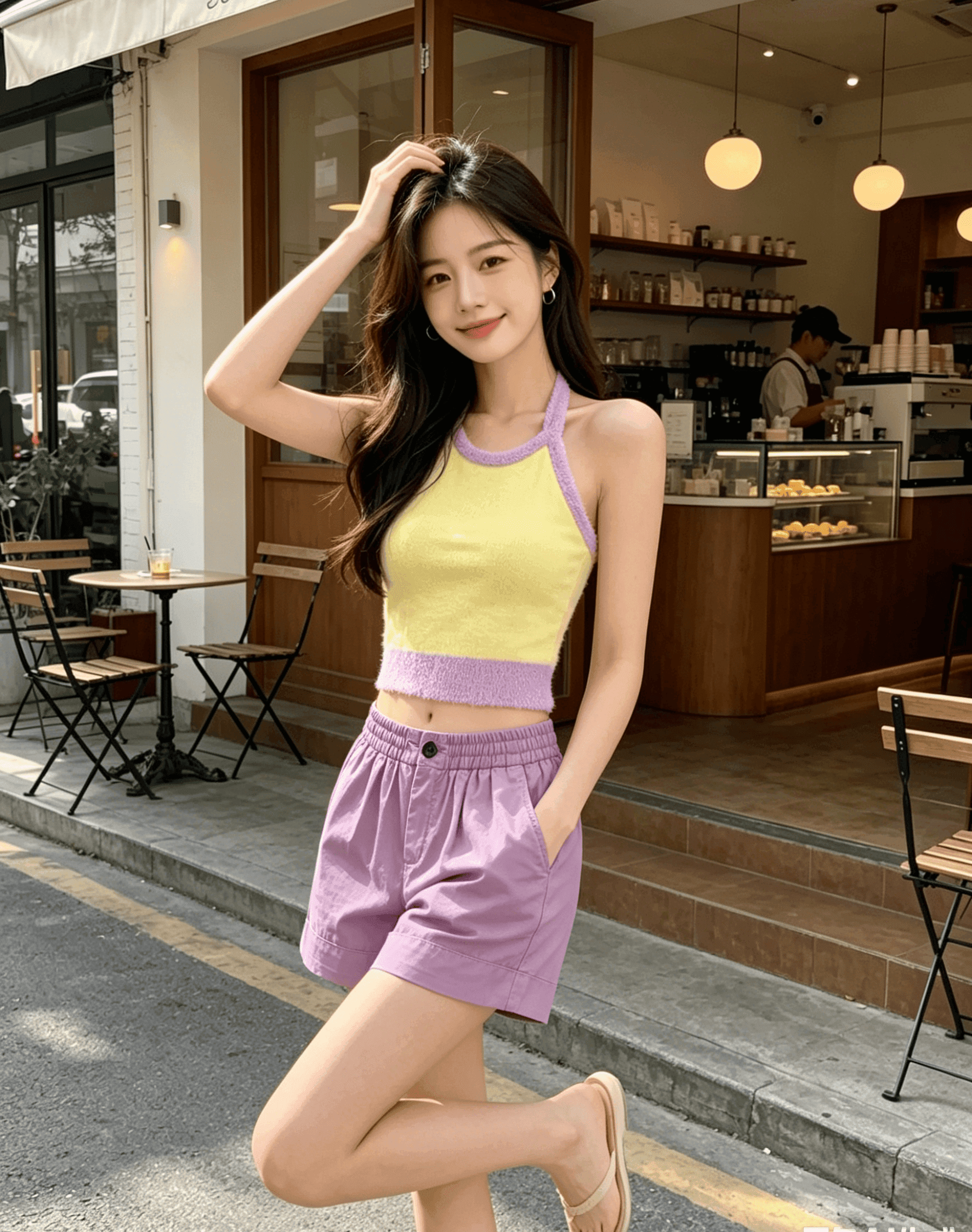 실사 황색 보라색 핫걸 행침 목 캐미솔 여름 몸매 가꾸기 백리스 쇼트 스타일 니트 맨위 상세 이미지 3