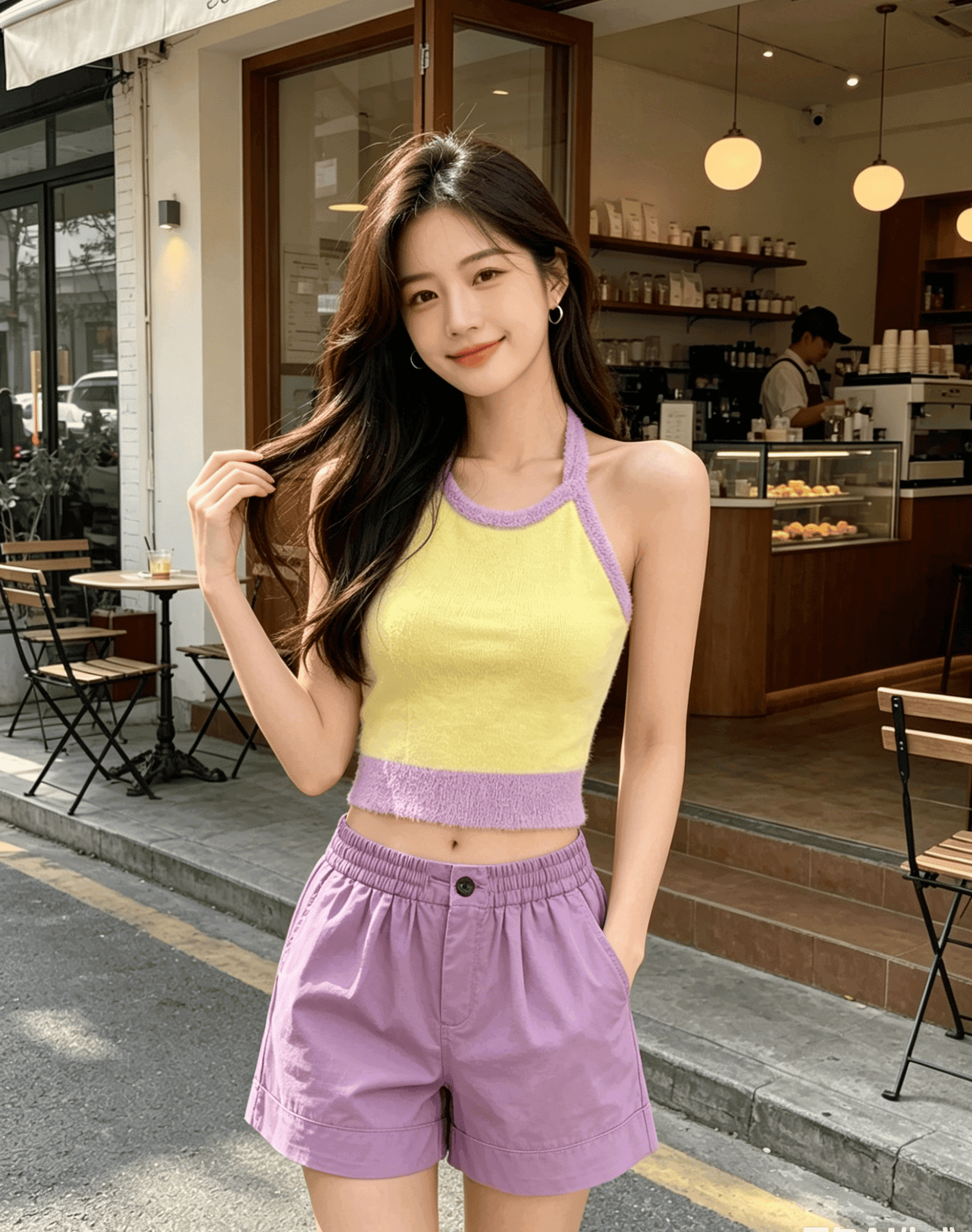 실사 황색 보라색 핫걸 행침 목 캐미솔 여름 몸매 가꾸기 백리스 쇼트 스타일 니트 맨위 상세 이미지 5