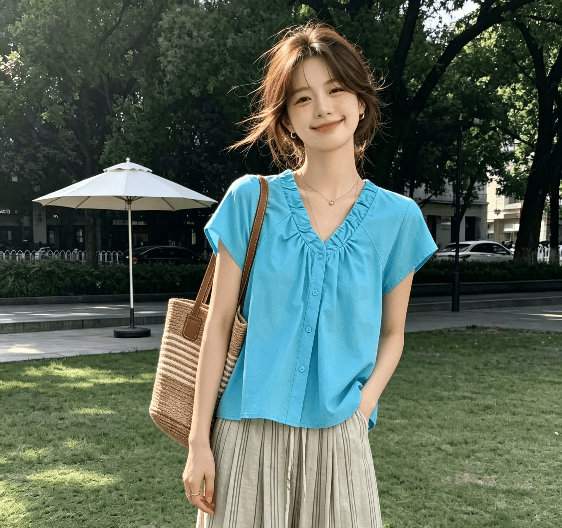 실사 여름 새로운 패션 라운드 넥 풀오버 여성 셔츠 일본식 스타일 착용 가져 가라. 거품 소매 외국 가스 슬림해 보이는