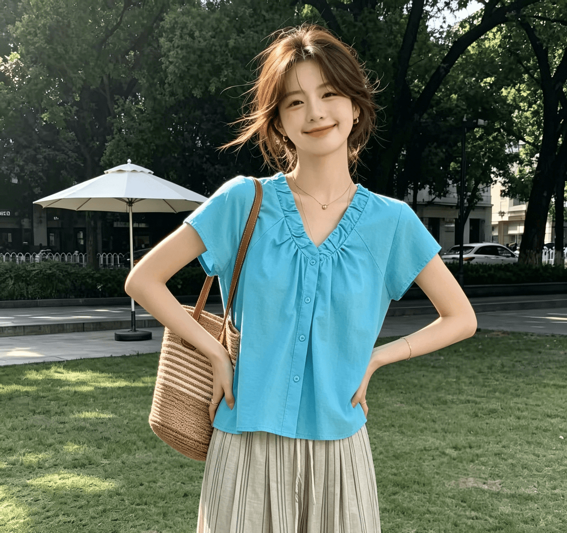 실사 여름 새로운 패션 라운드 넥 풀오버 여성 셔츠 일본식 스타일 착용 가져 가라. 거품 소매 외국 가스 슬림해 보이는 상세 이미지 1