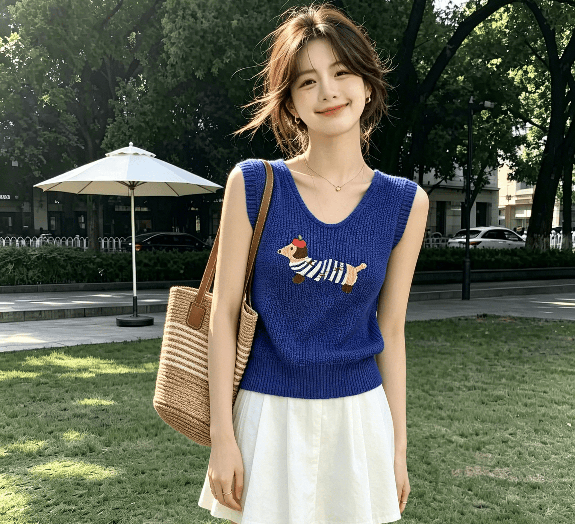 실사 고급 센스 만화 강아지 톰 글 래 원인 블루 얼음 실크 니트 반팔 티셔츠 여성 u 칼라 맨위 여성 상세 이미지 2