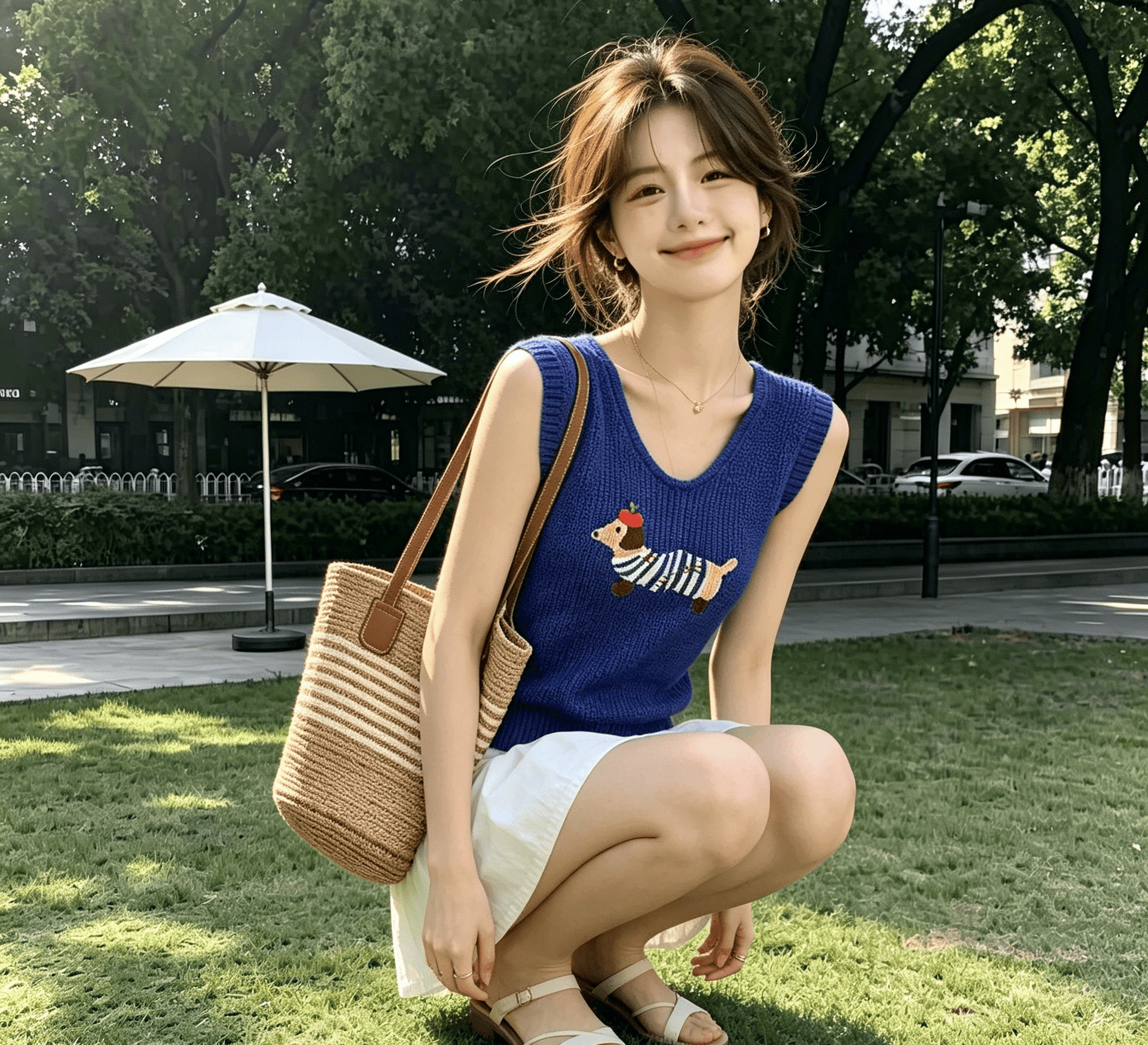 실사 고급 센스 만화 강아지 톰 글 래 원인 블루 얼음 실크 니트 반팔 티셔츠 여성 u 칼라 맨위 여성 상세 이미지 3