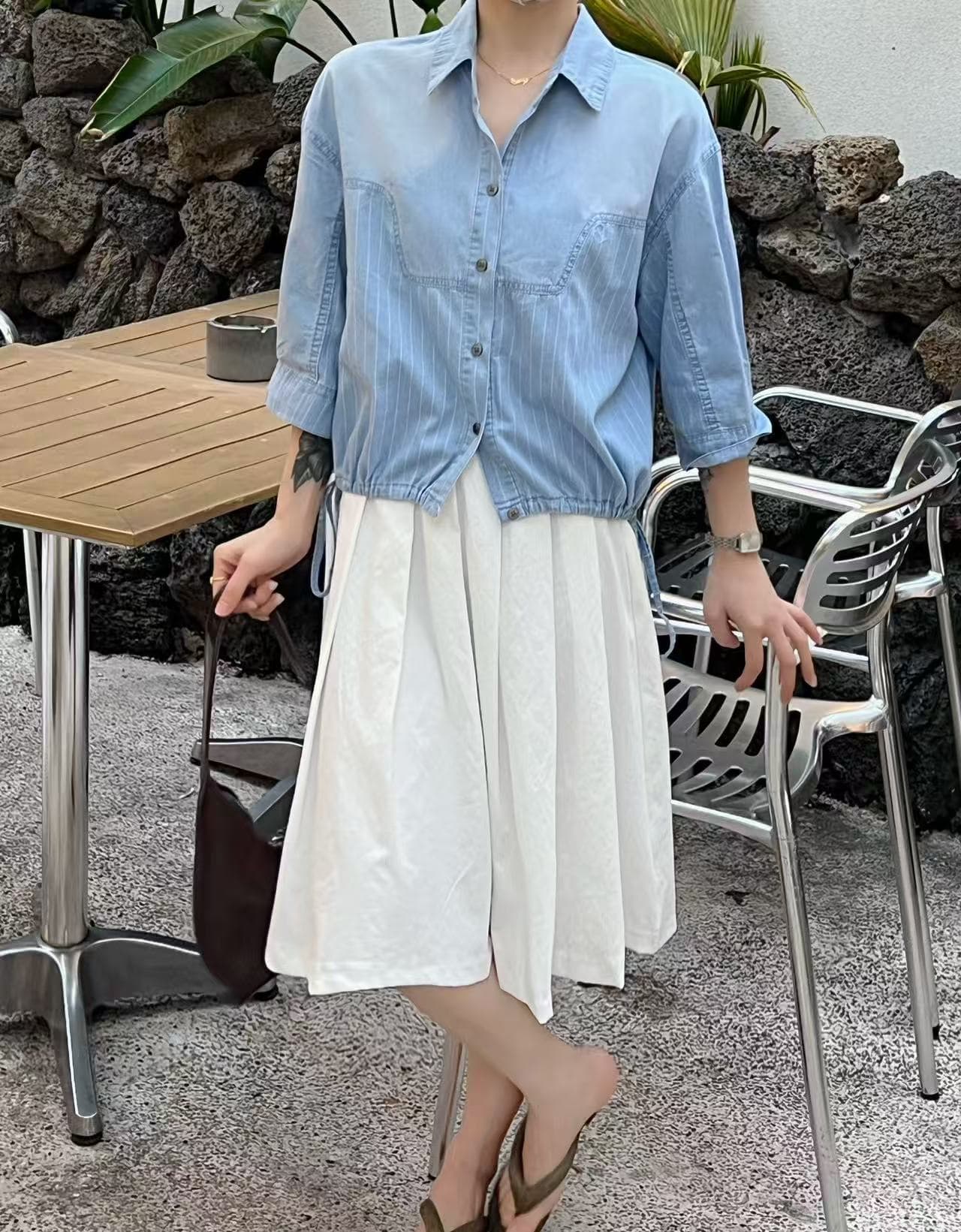 한국 동대문 구매 2026 여름 폴로 칼라 싱글 줄 버튼 펌프 로프 루즈핏 여성 셔츠 상세 이미지 1
