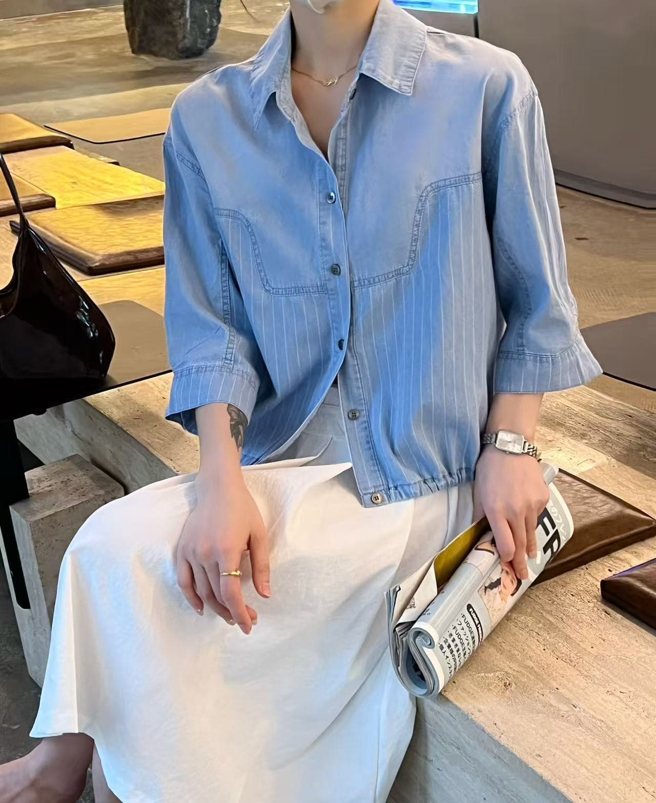 한국 동대문 구매 2026 여름 폴로 칼라 싱글 줄 버튼 펌프 로프 루즈핏 여성 셔츠 상세 이미지 2