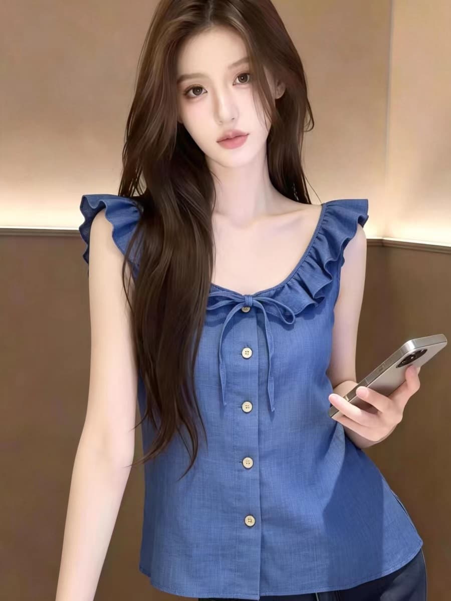 실사 달콤함 연령 감소 주름 레이스업 민소매 단추 조끼 여성 Chic 다용도 데님 블루 맨위 상세 이미지 1