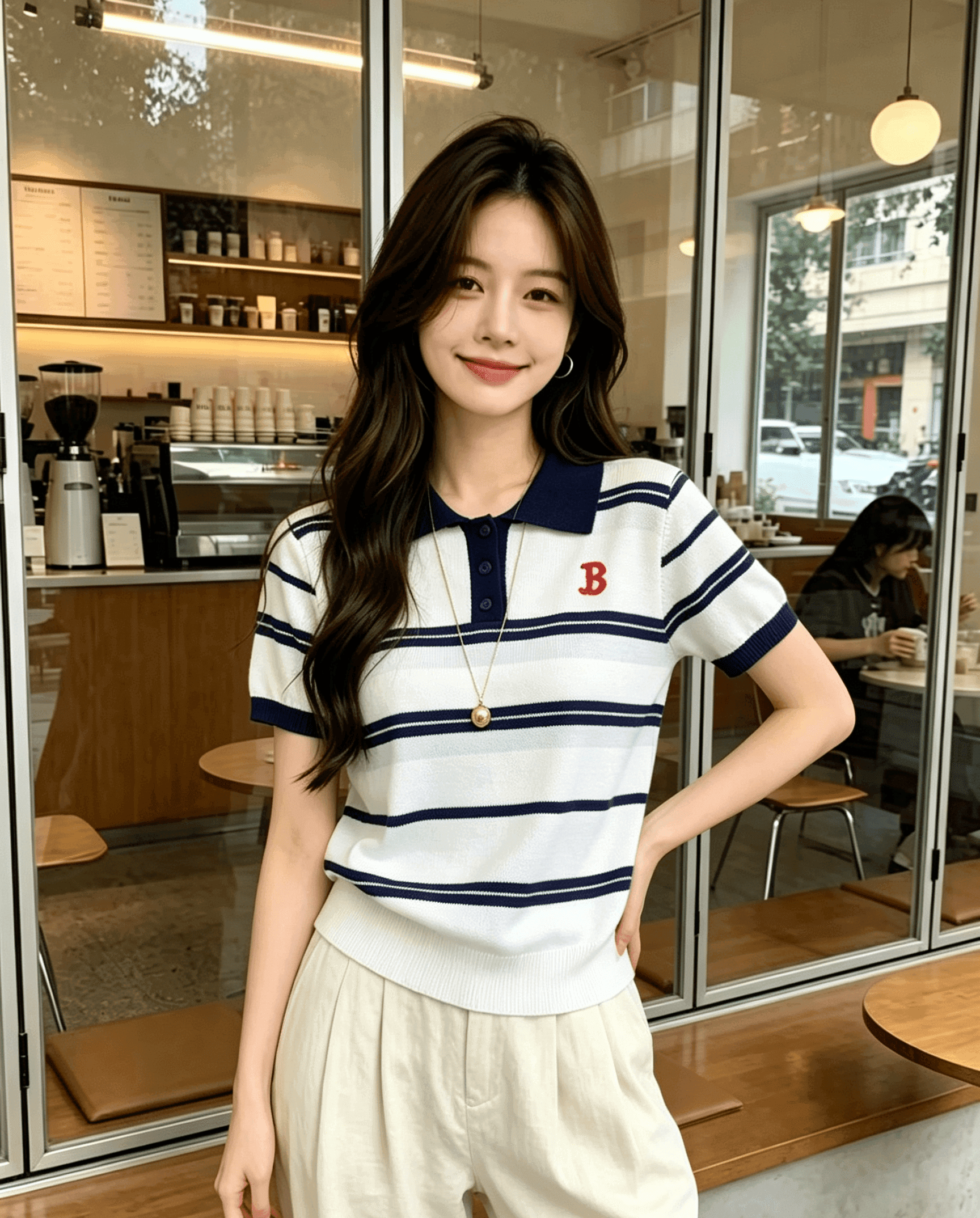 실사 학원 스타일 배색 스트라이프 POLO 칼라 여성 여름 새로운 아메리칸 루즈핏 캐주얼 다용도 맨위 이미지 3