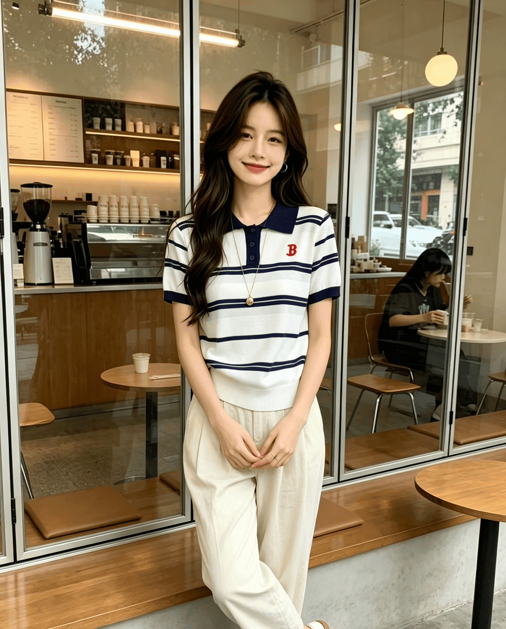 실사 학원 스타일 배색 스트라이프 POLO 칼라 여성 여름 새로운 아메리칸 루즈핏 캐주얼 다용도 맨위 이미지 4