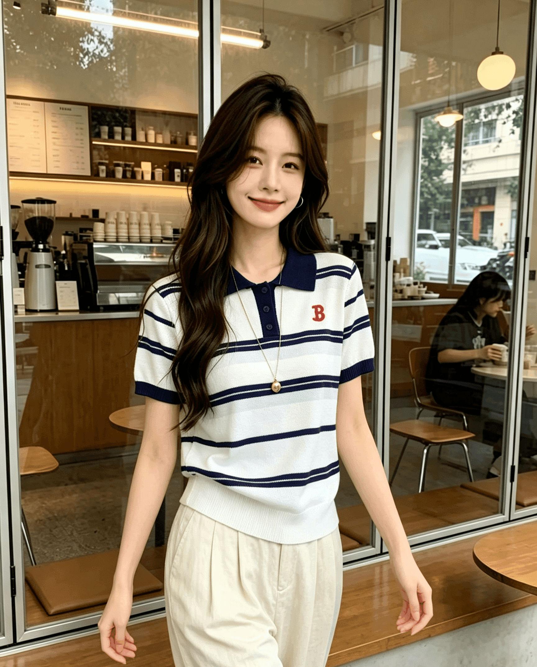 실사 학원 스타일 배색 스트라이프 POLO 칼라 여성 여름 새로운 아메리칸 루즈핏 캐주얼 다용도 맨위 이미지 2