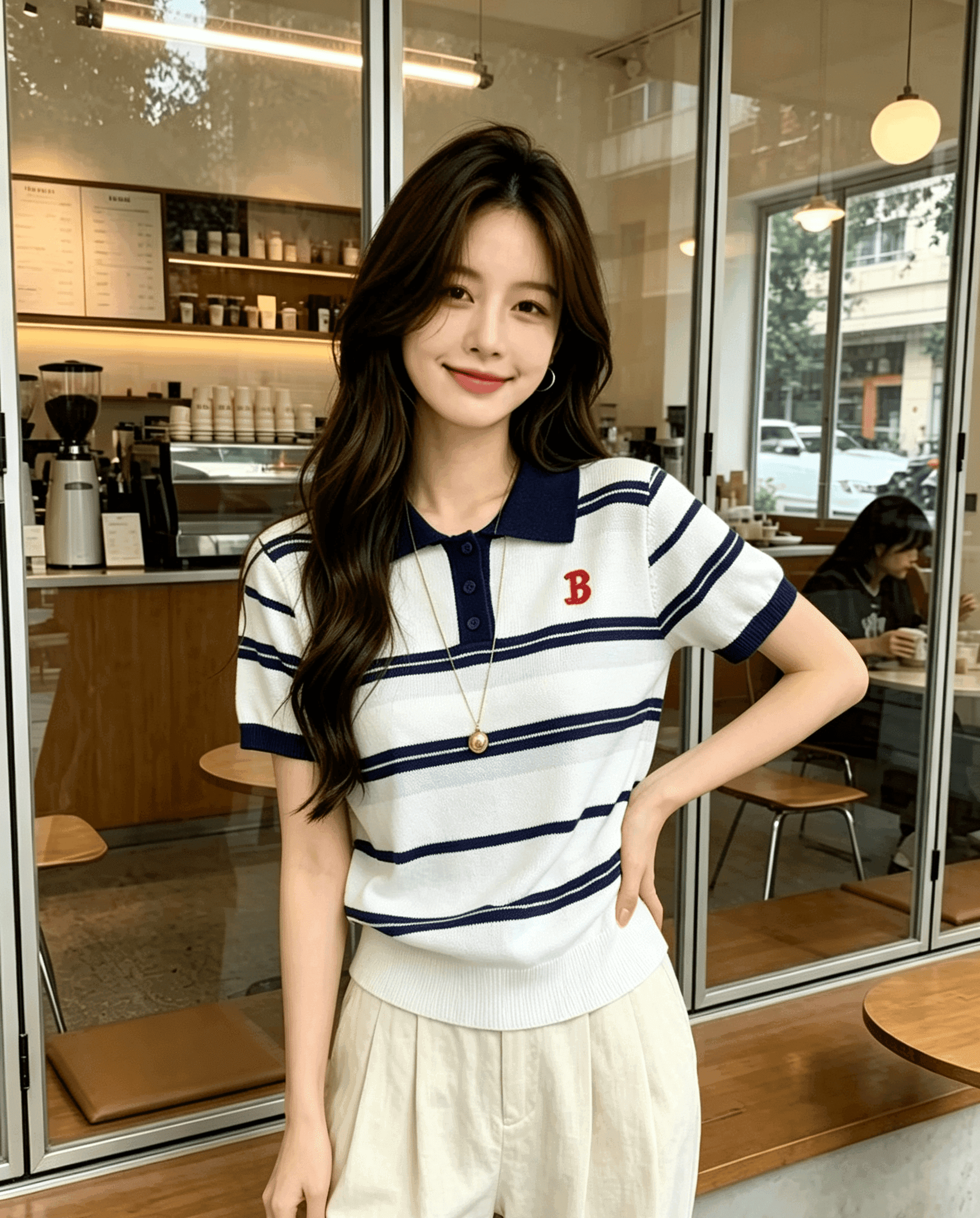 실사 학원 스타일 배색 스트라이프 POLO 칼라 여성 여름 새로운 아메리칸 루즈핏 캐주얼 다용도 맨위
