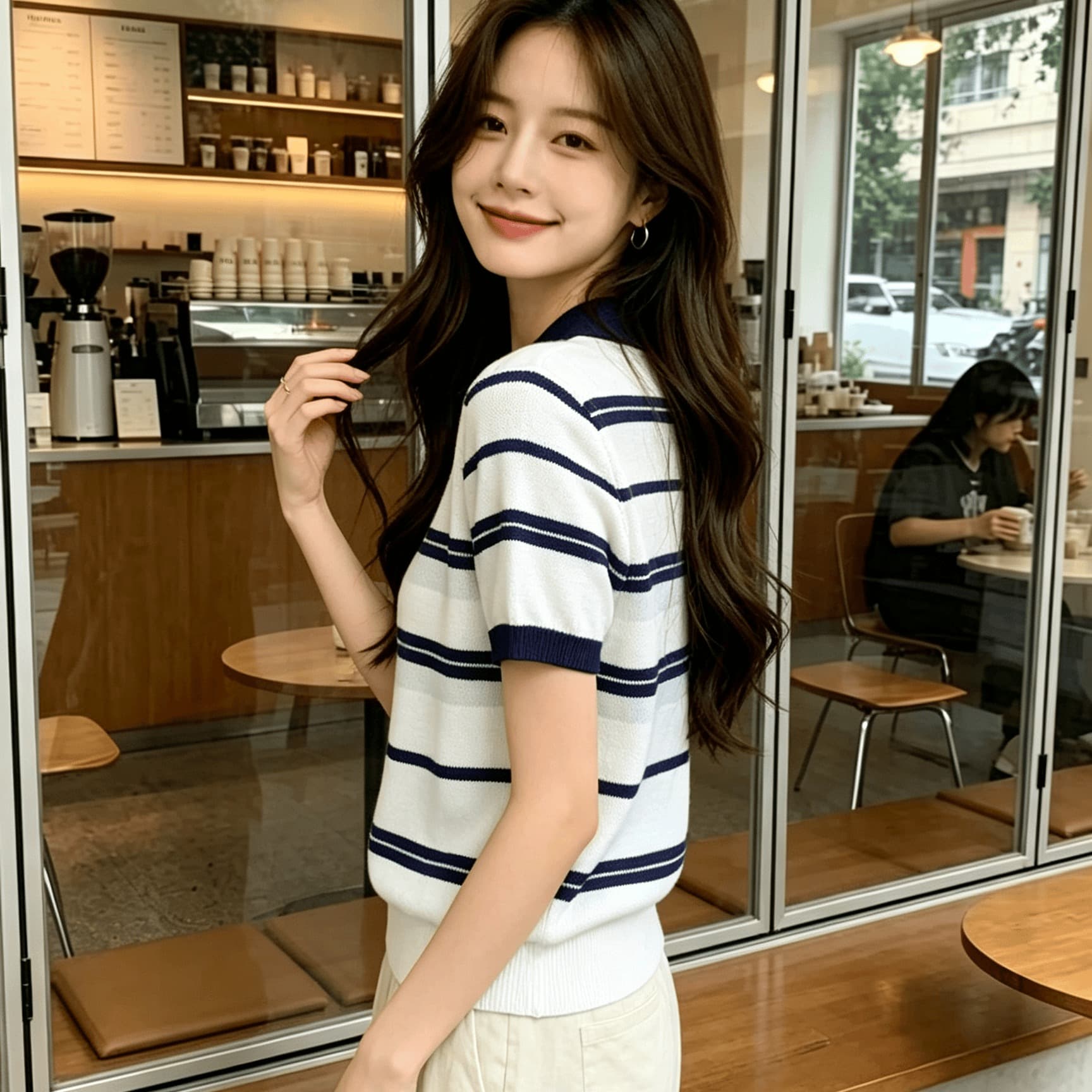 실사 학원 스타일 배색 스트라이프 POLO 칼라 여성 여름 새로운 아메리칸 루즈핏 캐주얼 다용도 맨위 이미지 5