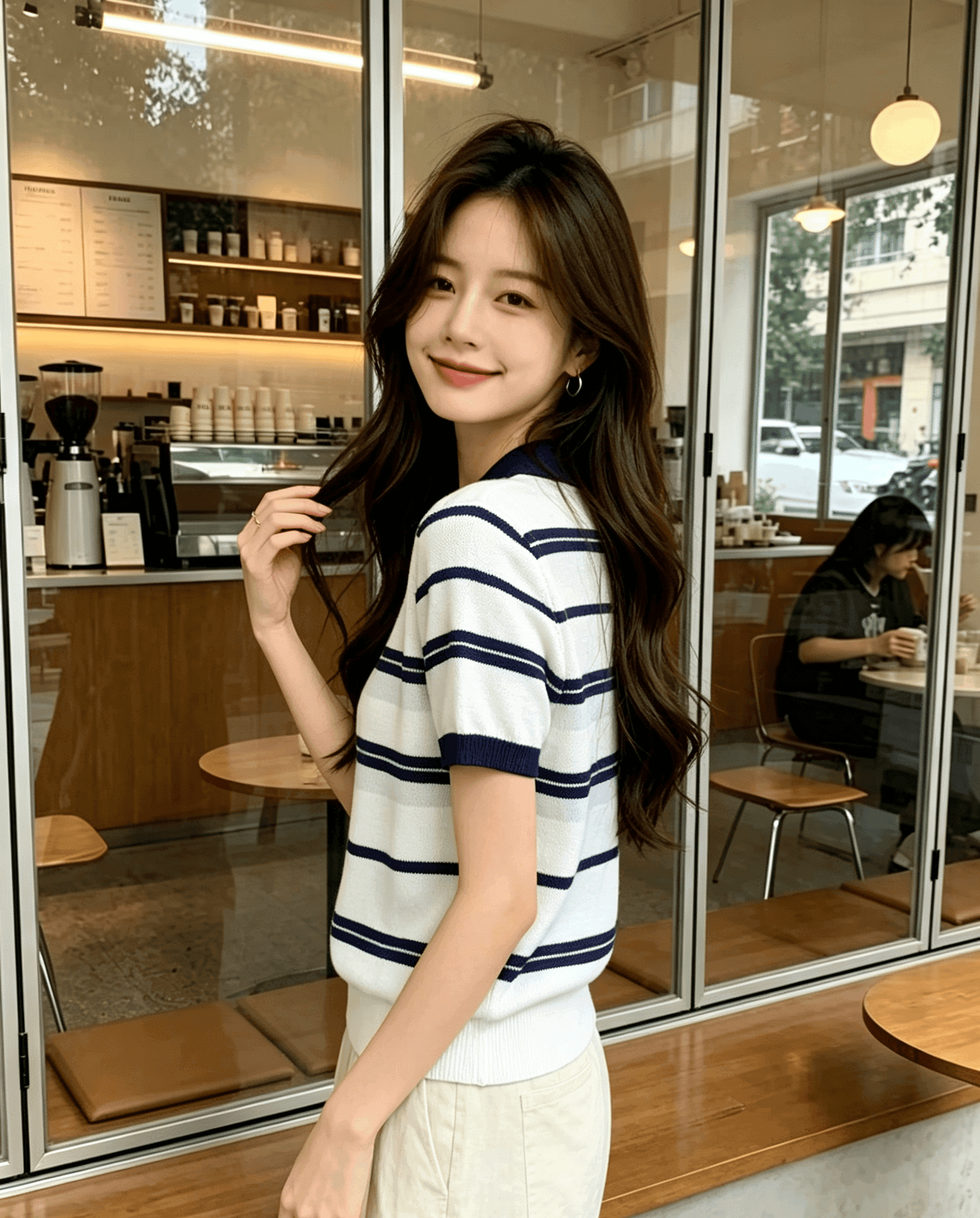 실사 학원 스타일 배색 스트라이프 POLO 칼라 여성 여름 새로운 아메리칸 루즈핏 캐주얼 다용도 맨위 상세 이미지 3
