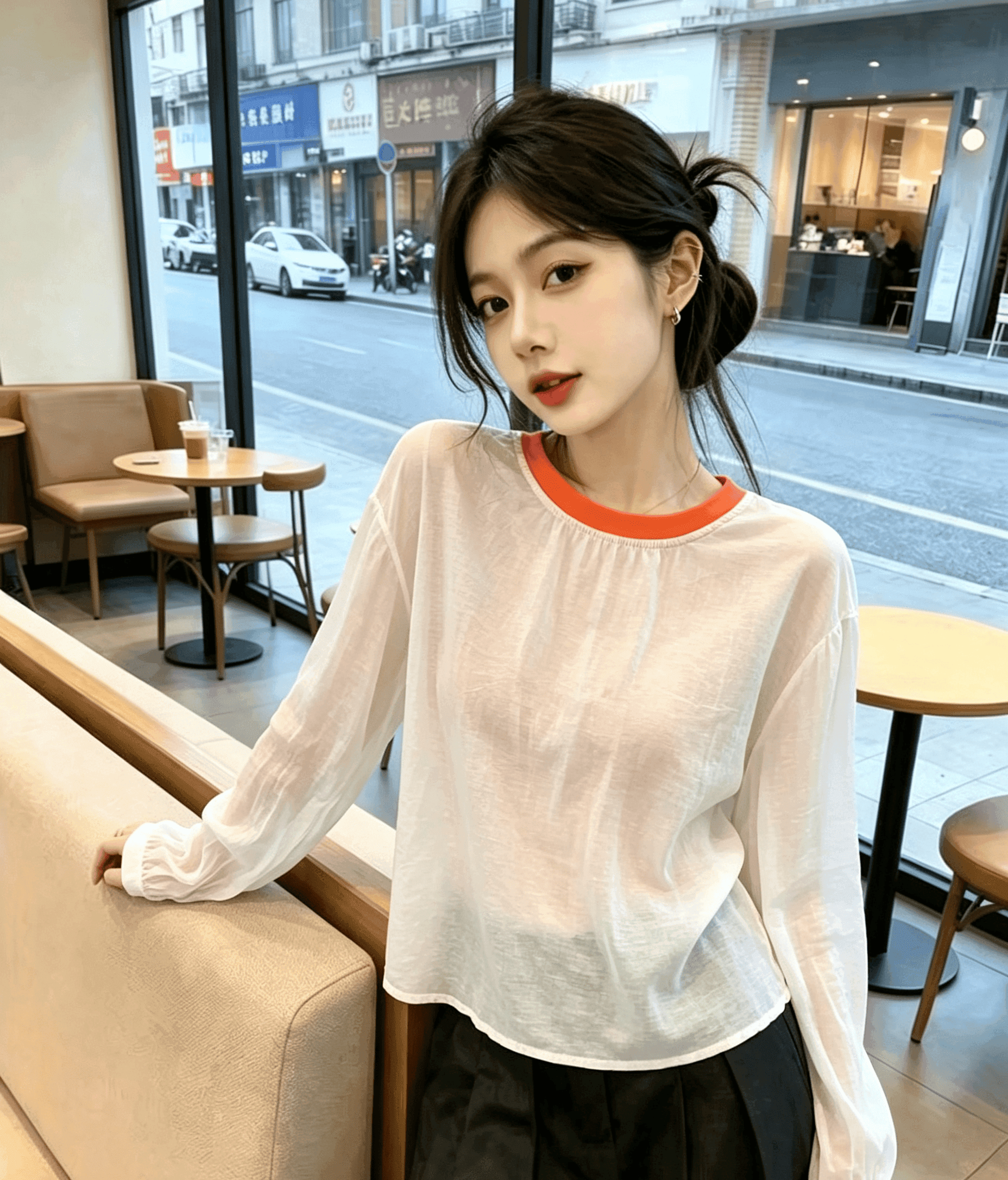 실사 미니멀리즘 장난기 넘치는 활기찬 슬림해 보이는 맨위 2025 섹션 디자인 센스 배색 라운드 넥 망사 패치워크 여성