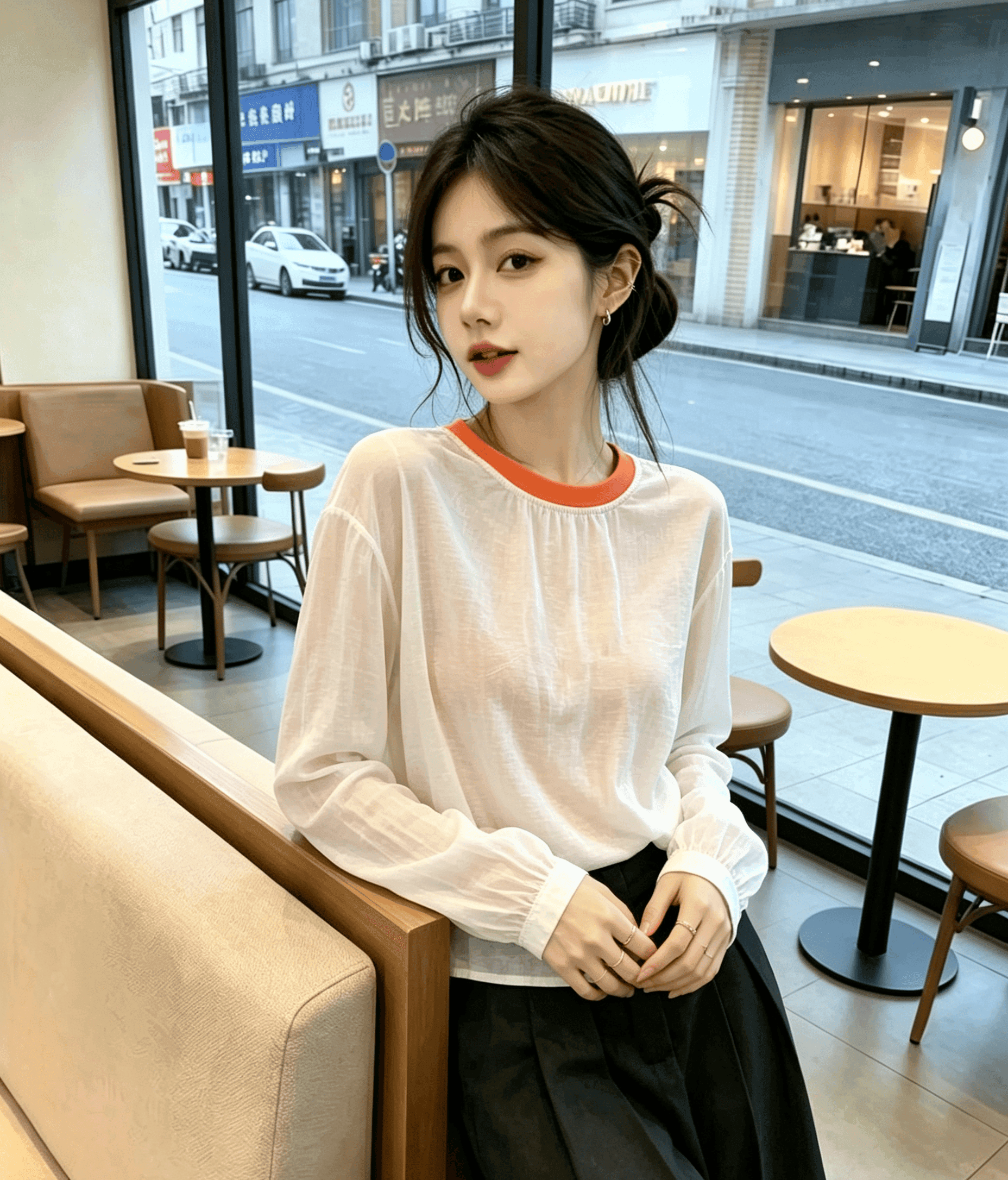 실사 미니멀리즘 장난기 넘치는 활기찬 슬림해 보이는 맨위 2025 섹션 디자인 센스 배색 라운드 넥 망사 패치워크 여성 이미지 4