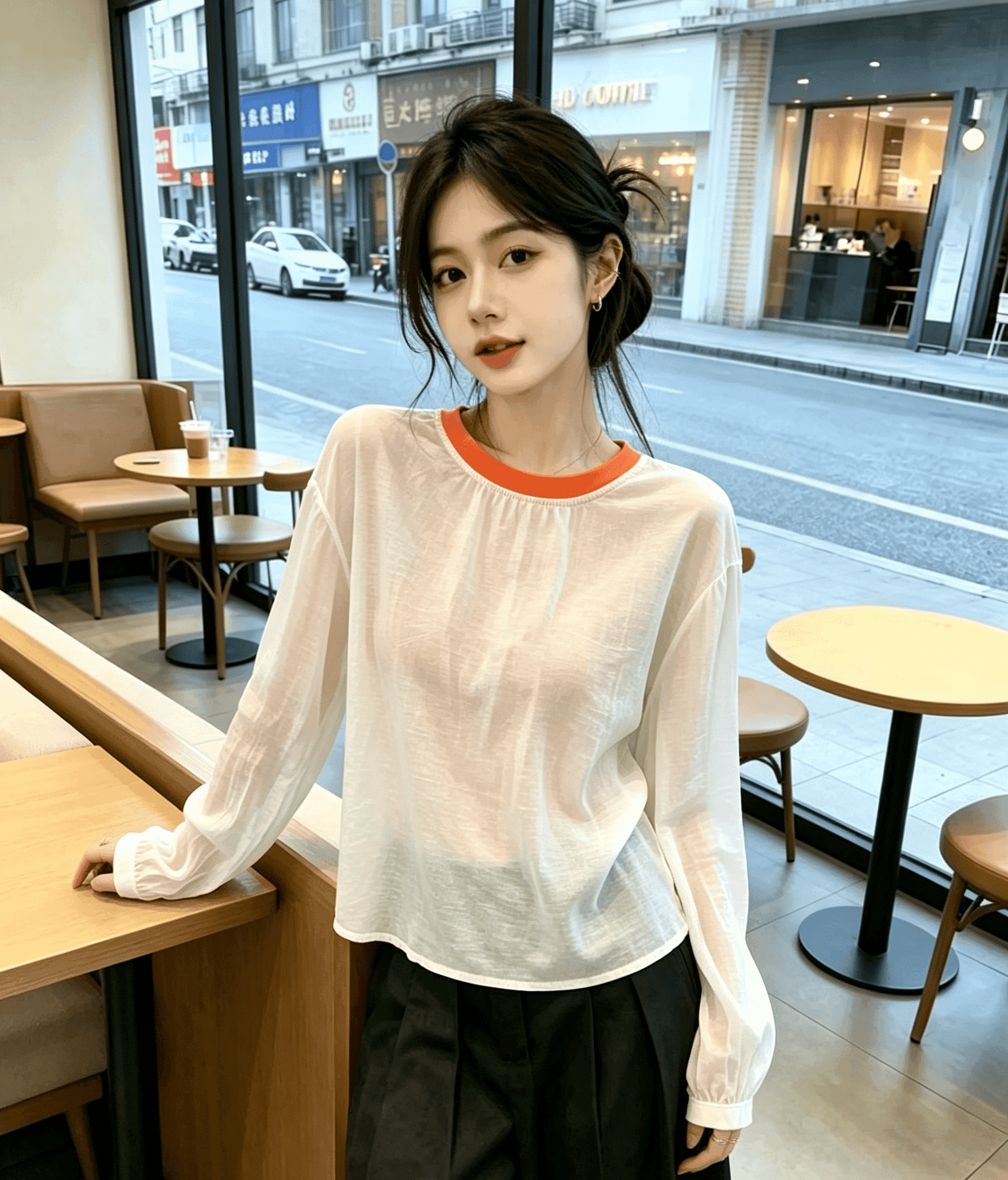 실사 미니멀리즘 장난기 넘치는 활기찬 슬림해 보이는 맨위 2025 섹션 디자인 센스 배색 라운드 넥 망사 패치워크 여성 이미지 2