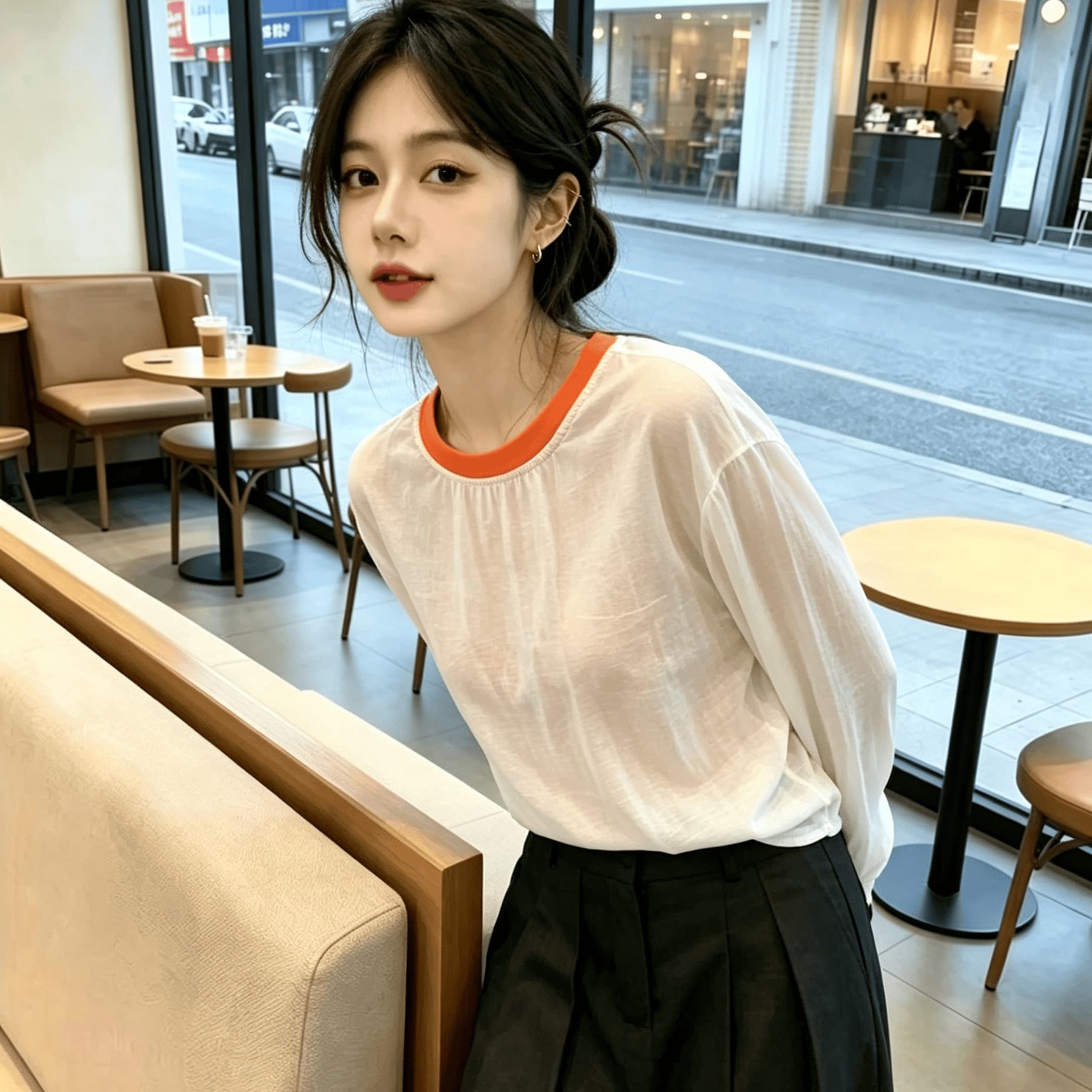 실사 미니멀리즘 장난기 넘치는 활기찬 슬림해 보이는 맨위 2025 섹션 디자인 센스 배색 라운드 넥 망사 패치워크 여성 이미지 5