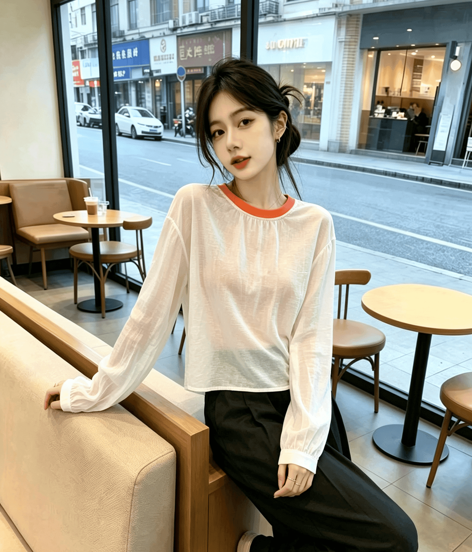 실사 미니멀리즘 장난기 넘치는 활기찬 슬림해 보이는 맨위 2025 섹션 디자인 센스 배색 라운드 넥 망사 패치워크 여성 상세 이미지 5