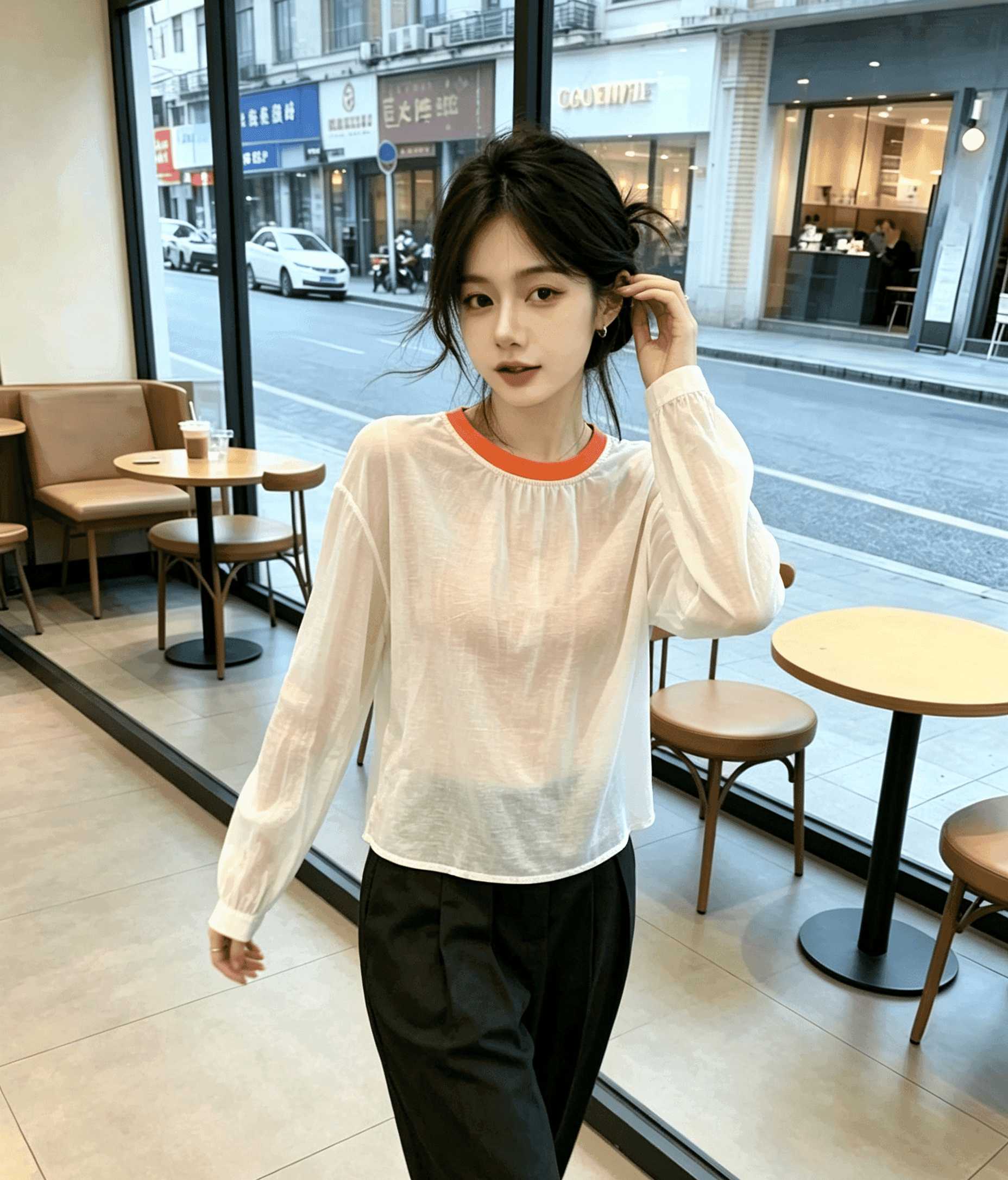 실사 미니멀리즘 장난기 넘치는 활기찬 슬림해 보이는 맨위 2025 섹션 디자인 센스 배색 라운드 넥 망사 패치워크 여성 상세 이미지 6