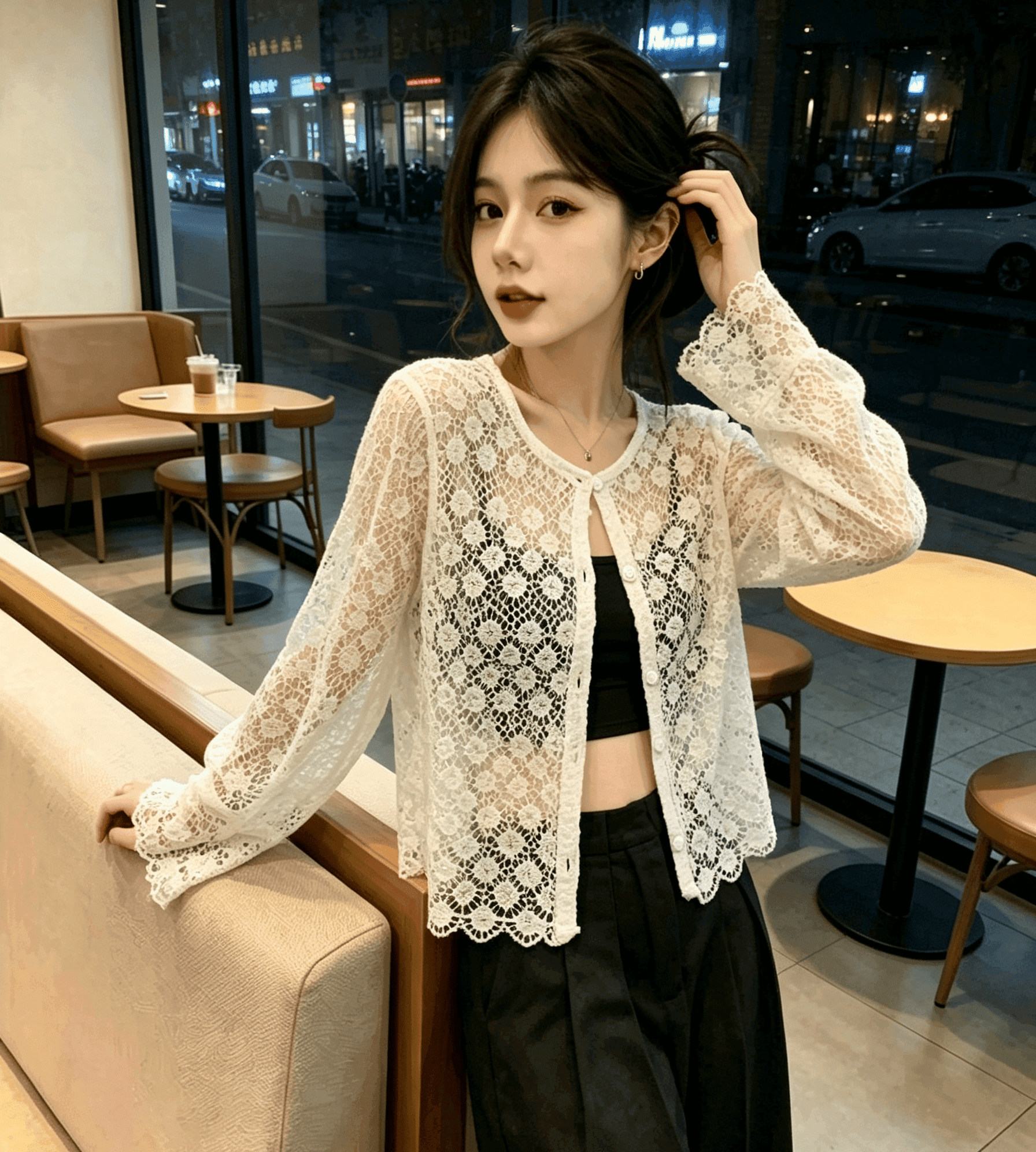 실사 한 부서 품격 라운드 넥 자수 홀로우 아웃 자외선 차단 통기성 긴팔 니트 오픈 가디건 여성 에어컨 셔츠 이미지 4