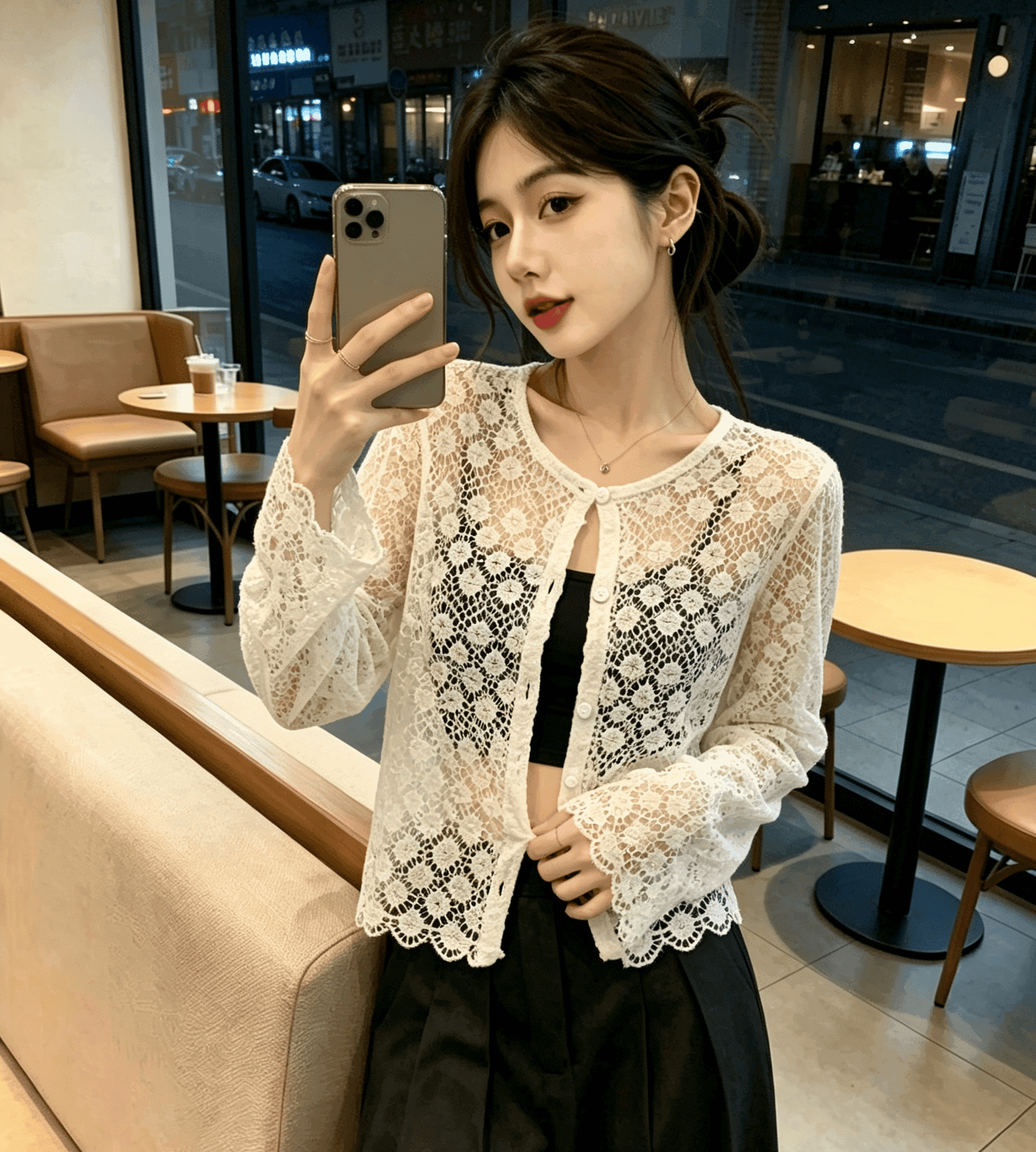 실사 한 부서 품격 라운드 넥 자수 홀로우 아웃 자외선 차단 통기성 긴팔 니트 오픈 가디건 여성 에어컨 셔츠 이미지 3