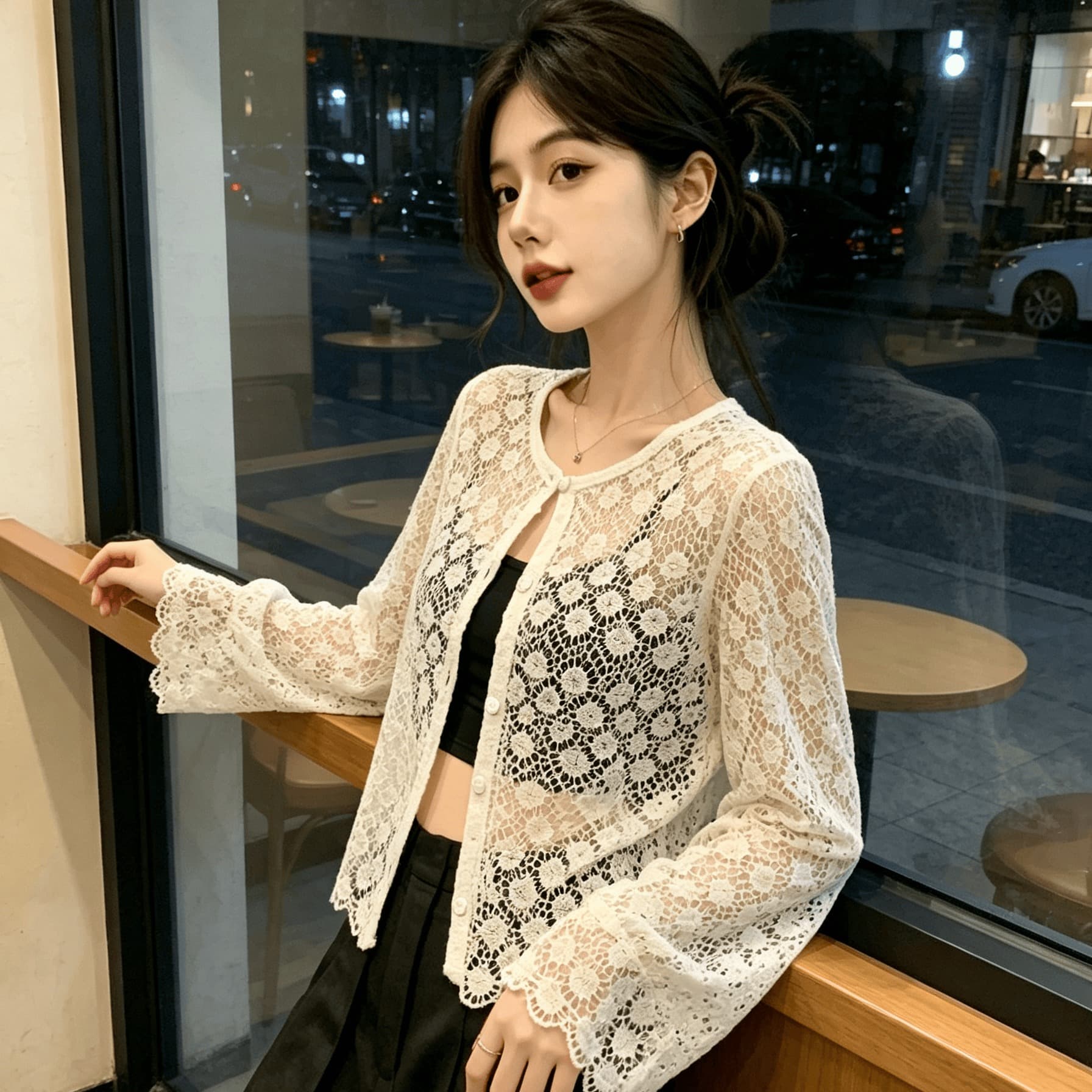 실사 한 부서 품격 라운드 넥 자수 홀로우 아웃 자외선 차단 통기성 긴팔 니트 오픈 가디건 여성 에어컨 셔츠 이미지 6