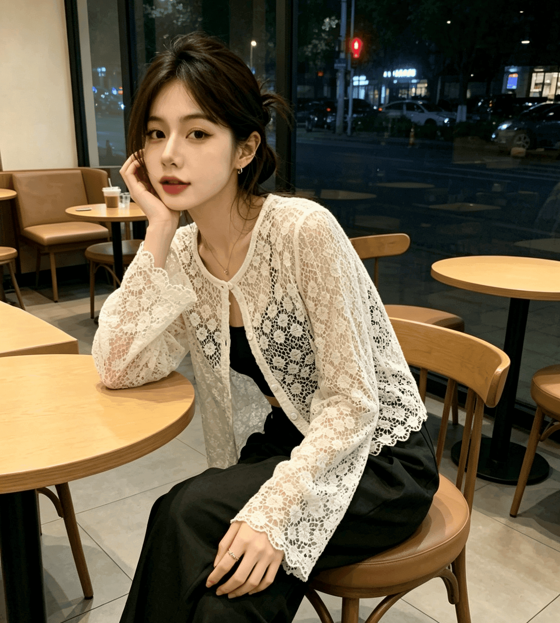 실사 한 부서 품격 라운드 넥 자수 홀로우 아웃 자외선 차단 통기성 긴팔 니트 오픈 가디건 여성 에어컨 셔츠 상세 이미지 4