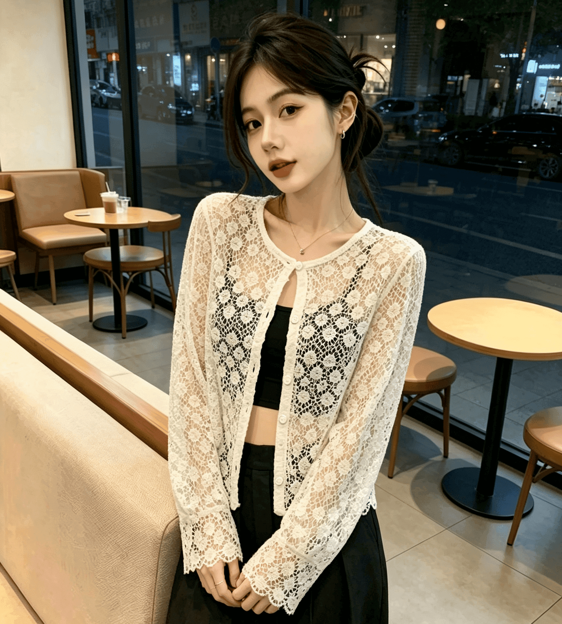 실사 한 부서 품격 라운드 넥 자수 홀로우 아웃 자외선 차단 통기성 긴팔 니트 오픈 가디건 여성 에어컨 셔츠 상세 이미지 6