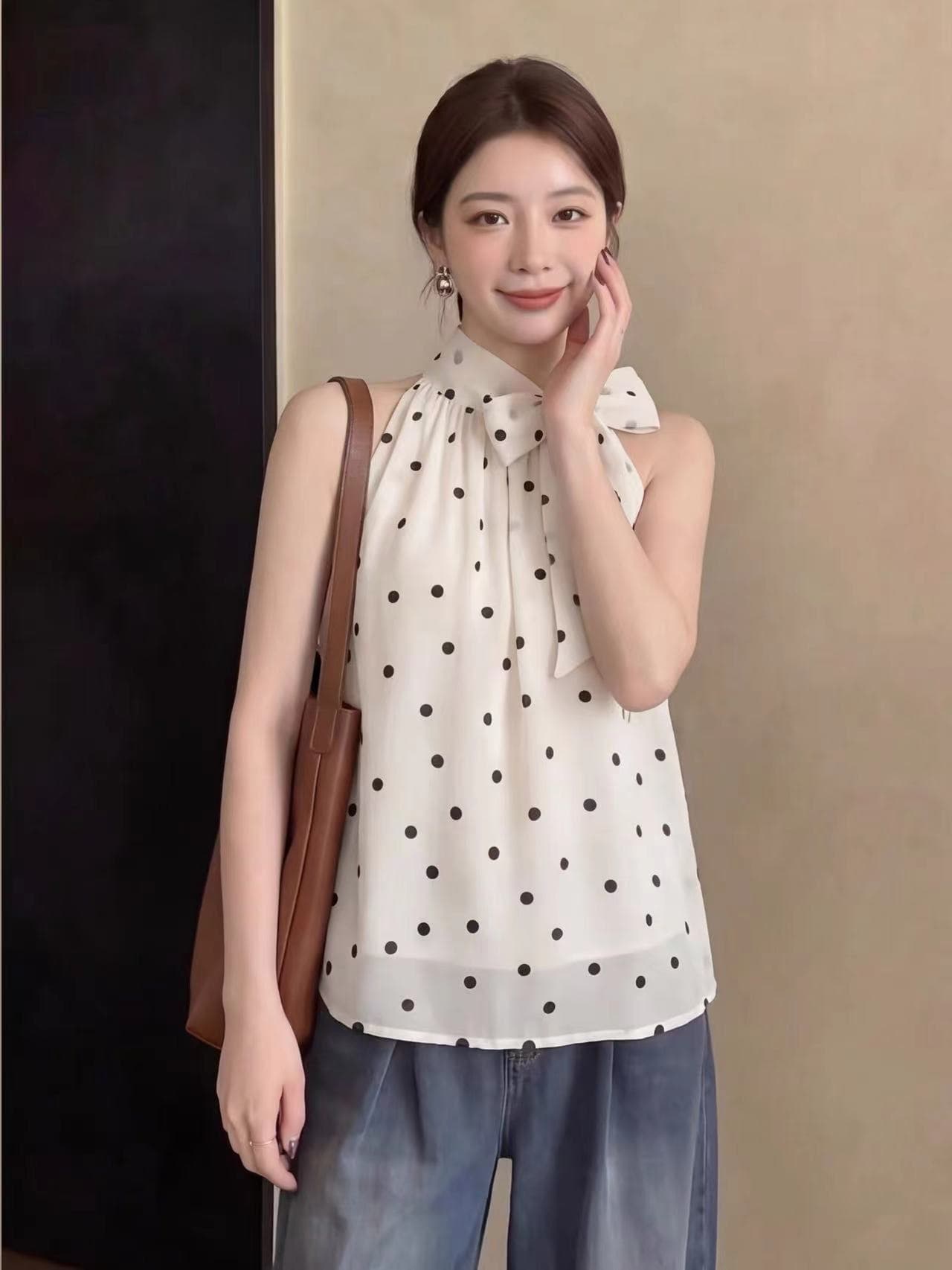실사 2026 새로운 품질 그레이트 나비 매듭 스트랩 행침 목 도트 무늬 쉬폰 블라우스 민소매 맨위 상세 이미지 4