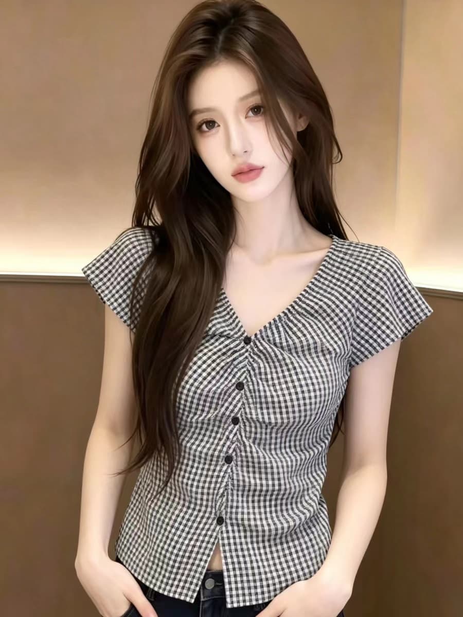 실사 체크무늬 V넥 반팔 여성 셔츠 몸매 가꾸기 디자인 센스 주름 트임 Chic 작은 셔츠 맨위 상세 이미지 4