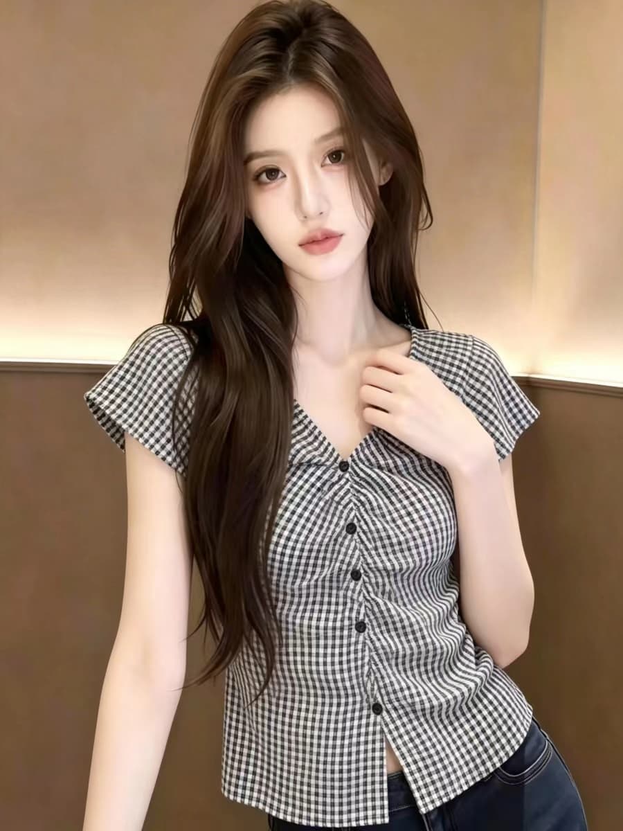 실사 체크무늬 V넥 반팔 여성 셔츠 몸매 가꾸기 디자인 센스 주름 트임 Chic 작은 셔츠 맨위 상세 이미지 5