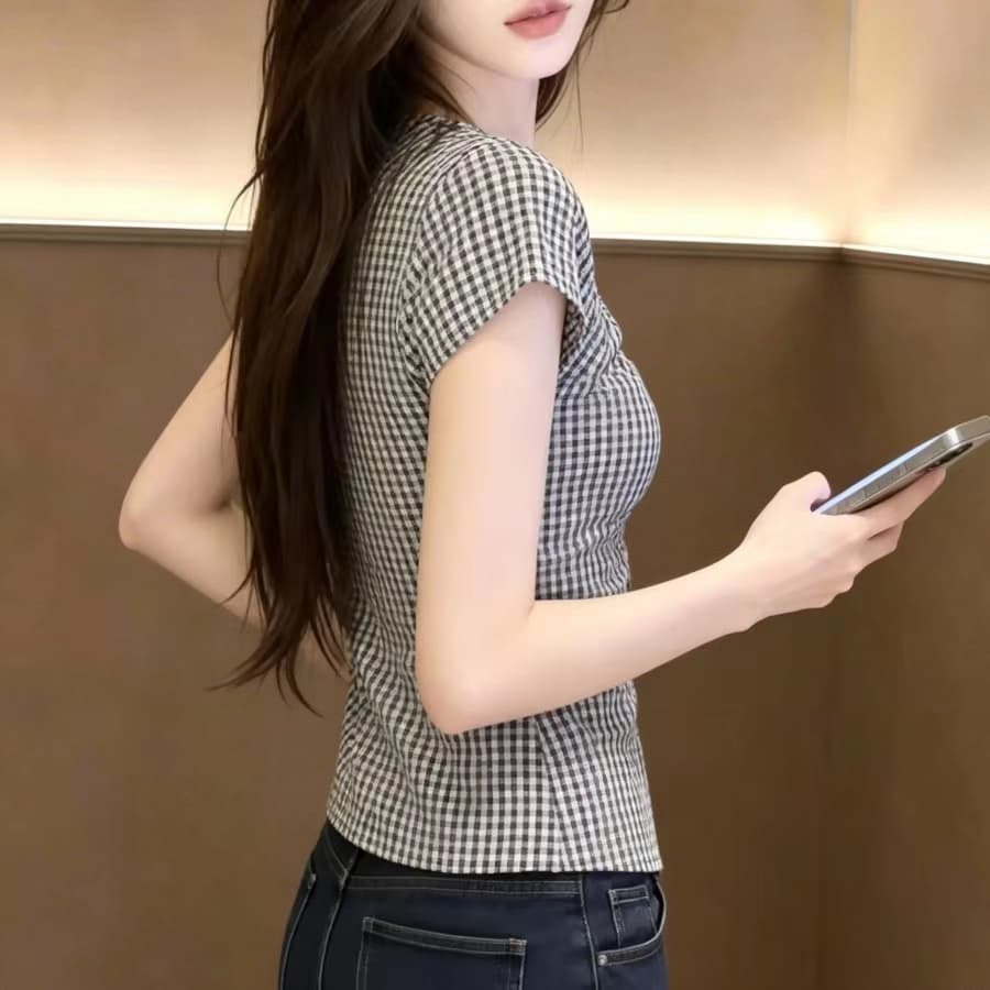 실사 체크무늬 V넥 반팔 여성 셔츠 몸매 가꾸기 디자인 센스 주름 트임 Chic 작은 셔츠 맨위 상세 이미지 6