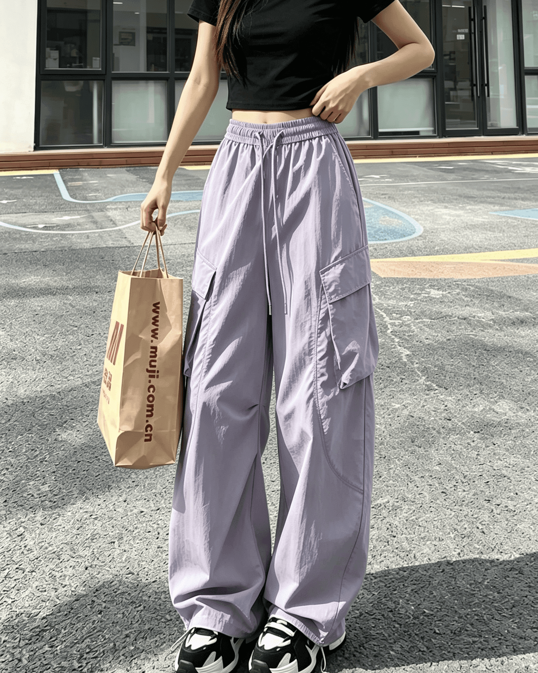 실사 2026 한 바람 보라색 낙하산 워크웨어 팬츠 아메리칸 펌프 로프 넓은 다리 조거 기능 바지 상세 이미지 4