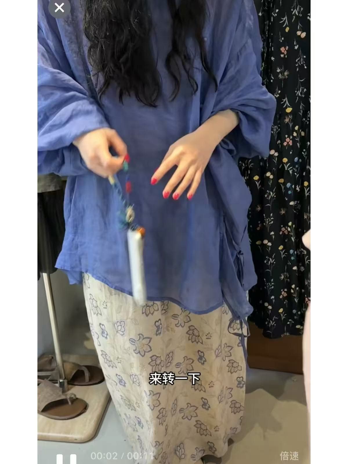 높음 세트 추천 여름 착용 가져 가라. 블루 보라색 라운드 넥 라미 레이스업 수리 허리 디자인 센스 긴팔 품격 작은 셔츠 상세 이미지 2