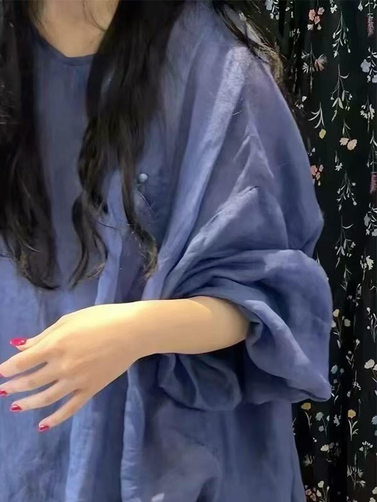 높음 세트 추천 여름 착용 가져 가라. 블루 보라색 라운드 넥 라미 레이스업 수리 허리 디자인 센스 긴팔 품격 작은 셔츠 상세 이미지 4