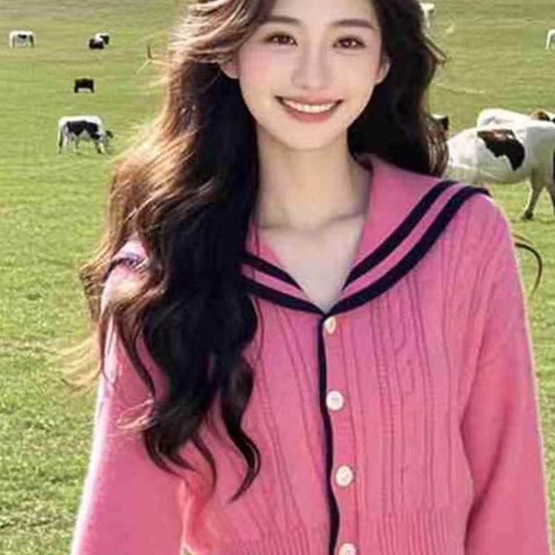 실사 새로운 한 부서 도파민 해군 칼라 로즈 레드 스웨터 니트 카디건 코트 여성 짧은 맨위 이미지 5