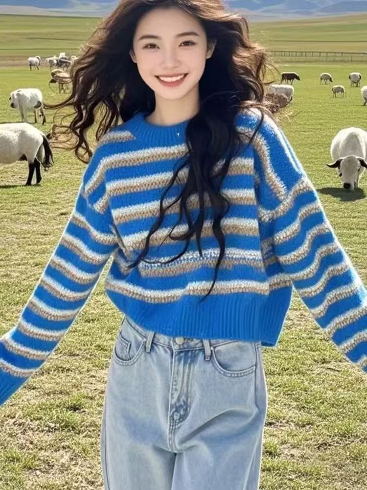 실사 새로운 이른 가을 느긋한 바람 착용 가져 가라. 프랑스식 레트로 파란색 스트라이프 스웨터 니트 스웨터 여성 연령 감소 맨위 이미지 3