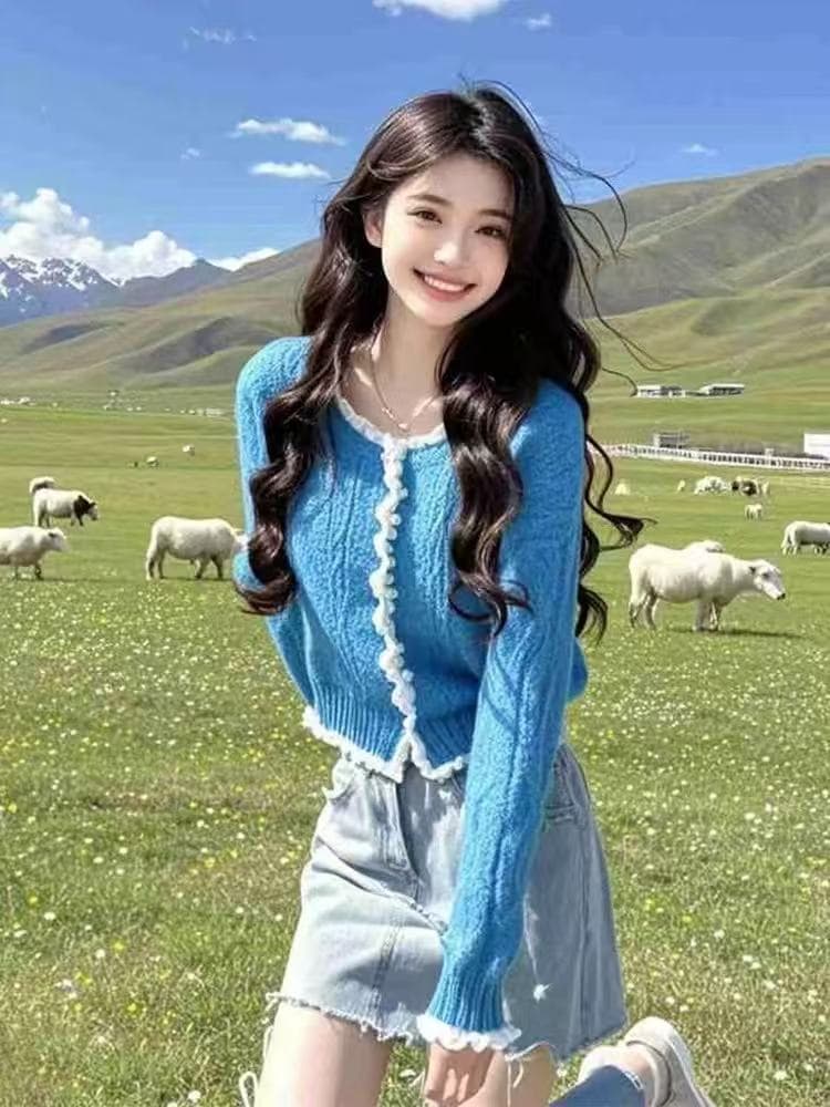 실사 새로운 작은 키 달콤함 연령 감소 레이스 패치워크 파란색 스웨터 니트 카디건 코트 여성 셔츠 상세 이미지 2