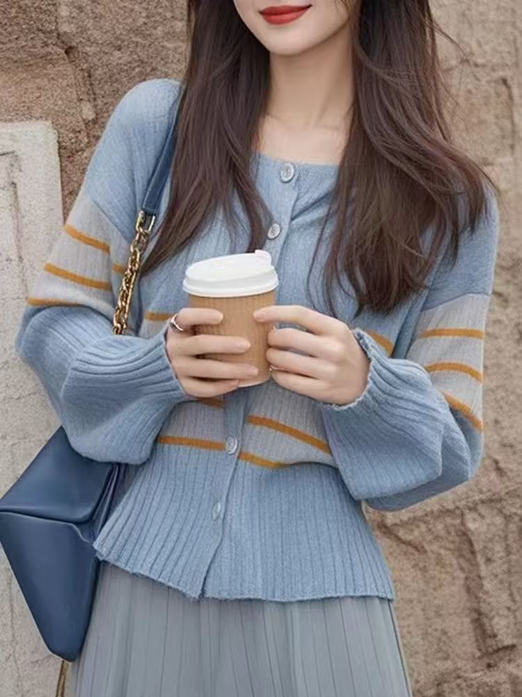 실사 패션 품격 다용도 부드럽다 편안함 양모 니트 스웨터 배색 패치워크 디자인 센스 싱글 줄 버튼 긴팔 이미지 2