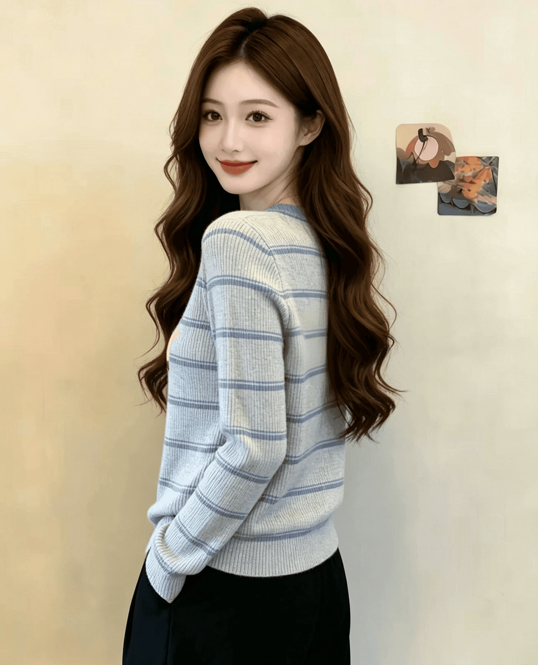 실사 회색 스트라이프 만화 소시지 강아지 프린트 긴팔 티셔츠 여성 작은 키 외국 가스 연령 감소 맨위 상세 이미지 3