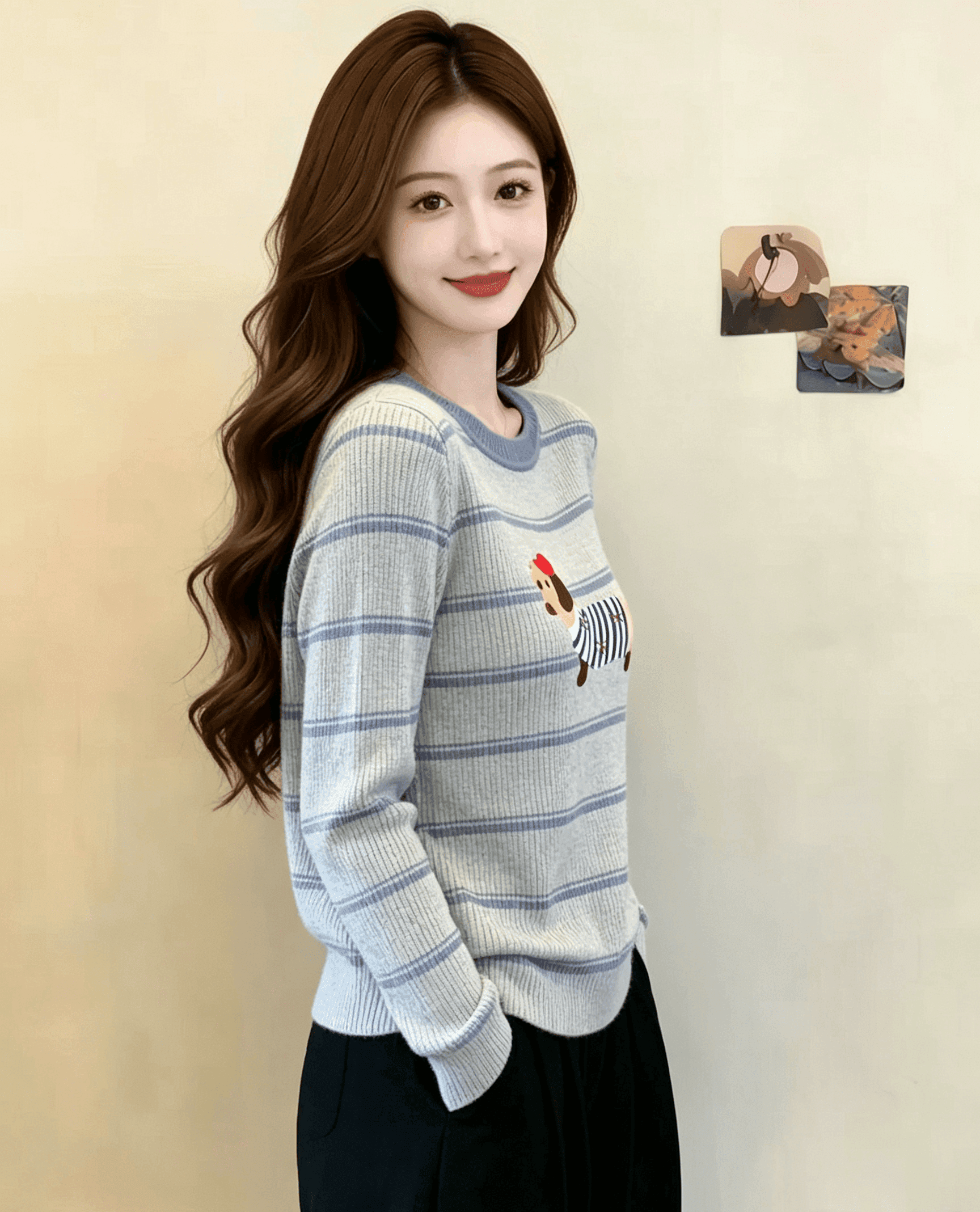 실사 회색 스트라이프 만화 소시지 강아지 프린트 긴팔 티셔츠 여성 작은 키 외국 가스 연령 감소 맨위 상세 이미지 4