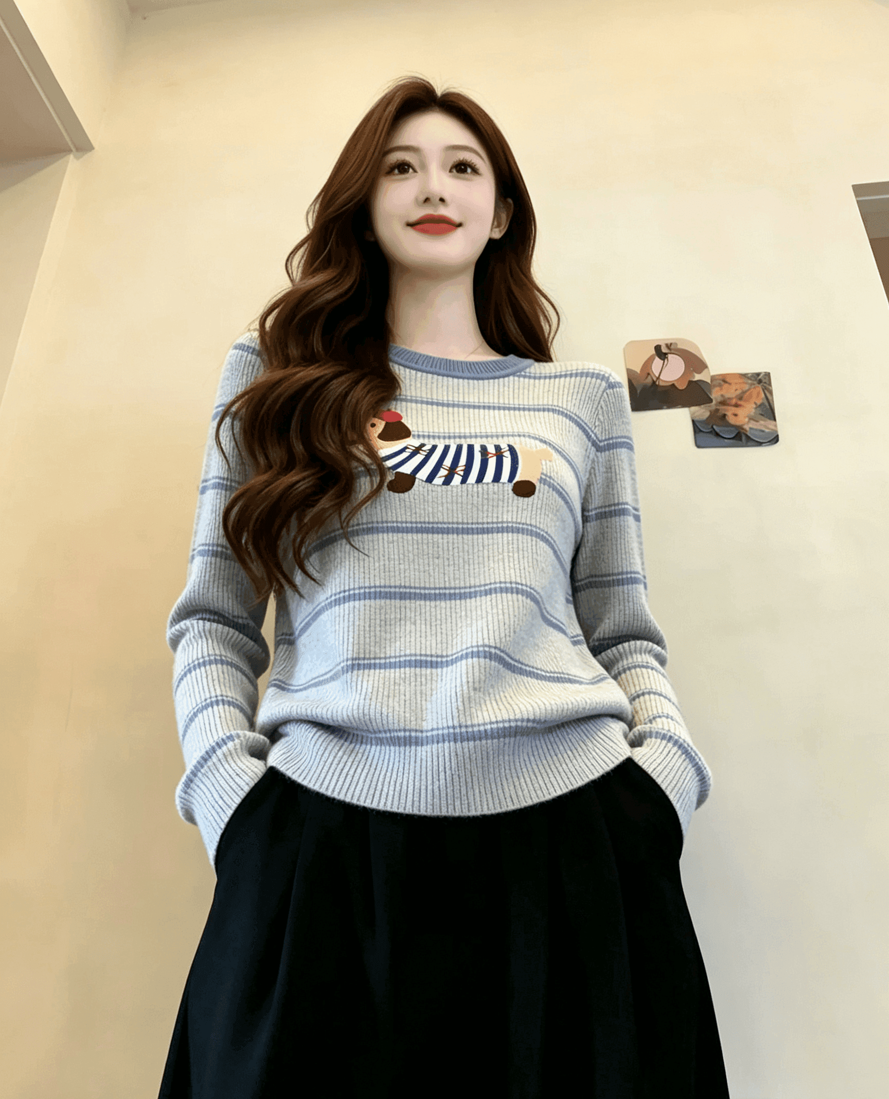 실사 회색 스트라이프 만화 소시지 강아지 프린트 긴팔 티셔츠 여성 작은 키 외국 가스 연령 감소 맨위 상세 이미지 5