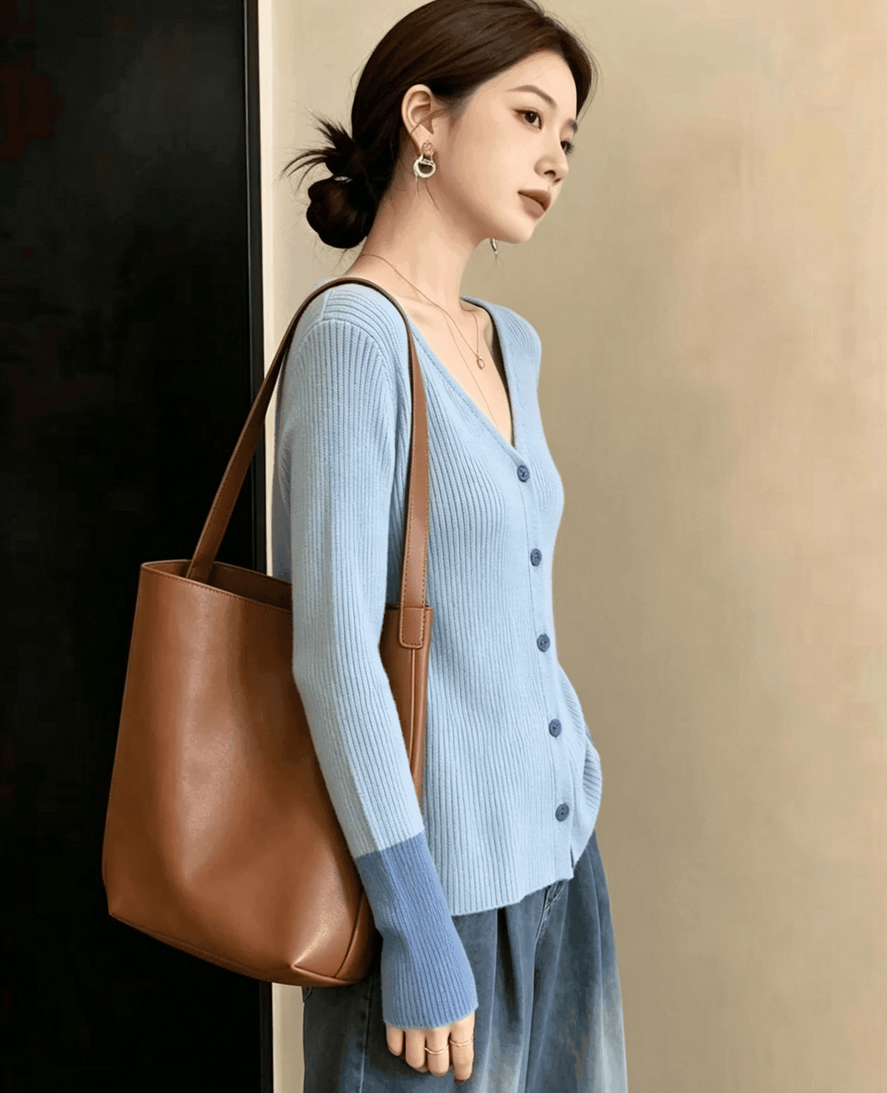 실사 하늘색 나팔 소매 양모 스웨터 여성 패치워크 색상 긴팔 V넥 인사이드 가져 가라. 예쁜 스웨터 상세 이미지 2