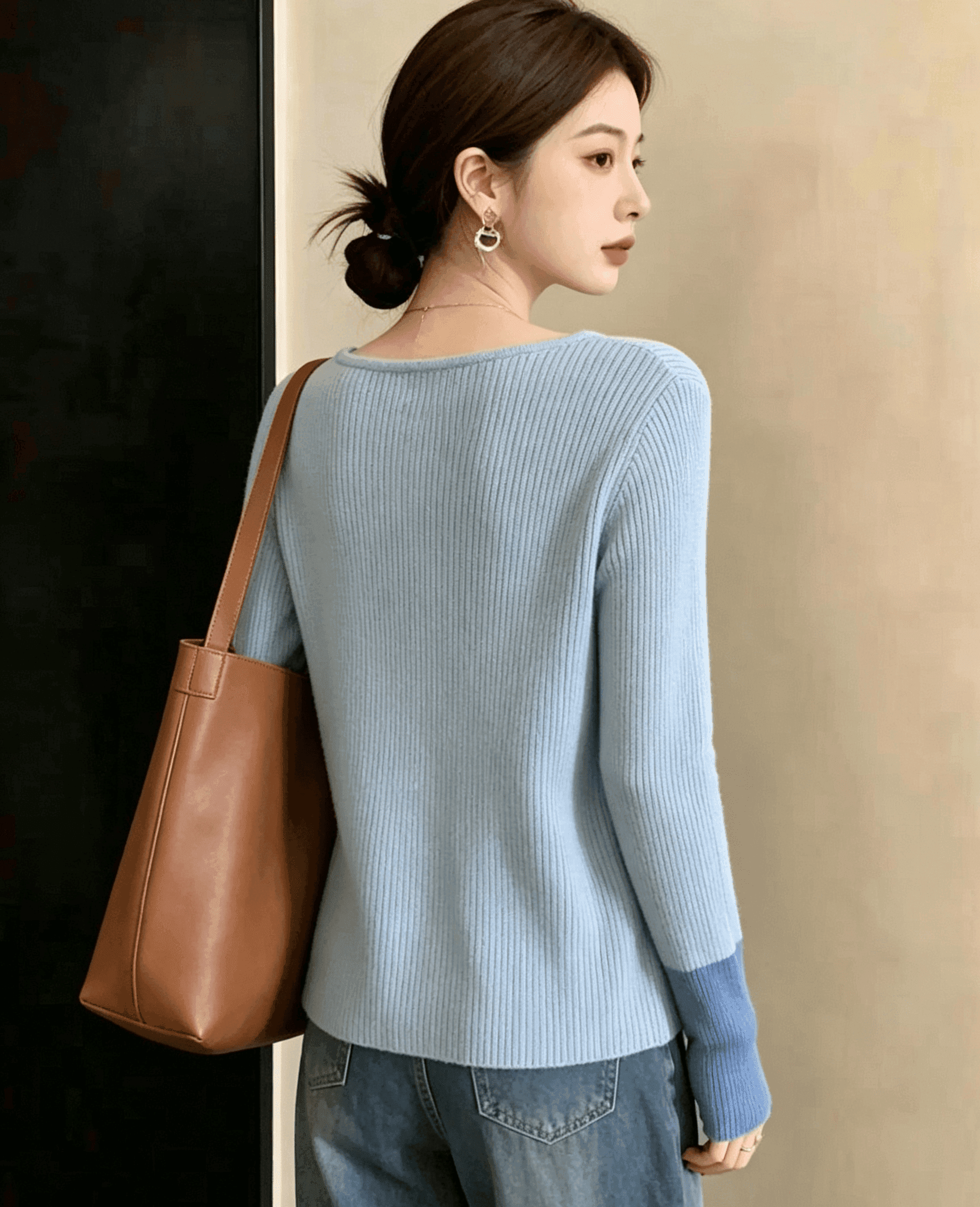 실사 하늘색 나팔 소매 양모 스웨터 여성 패치워크 색상 긴팔 V넥 인사이드 가져 가라. 예쁜 스웨터 상세 이미지 5