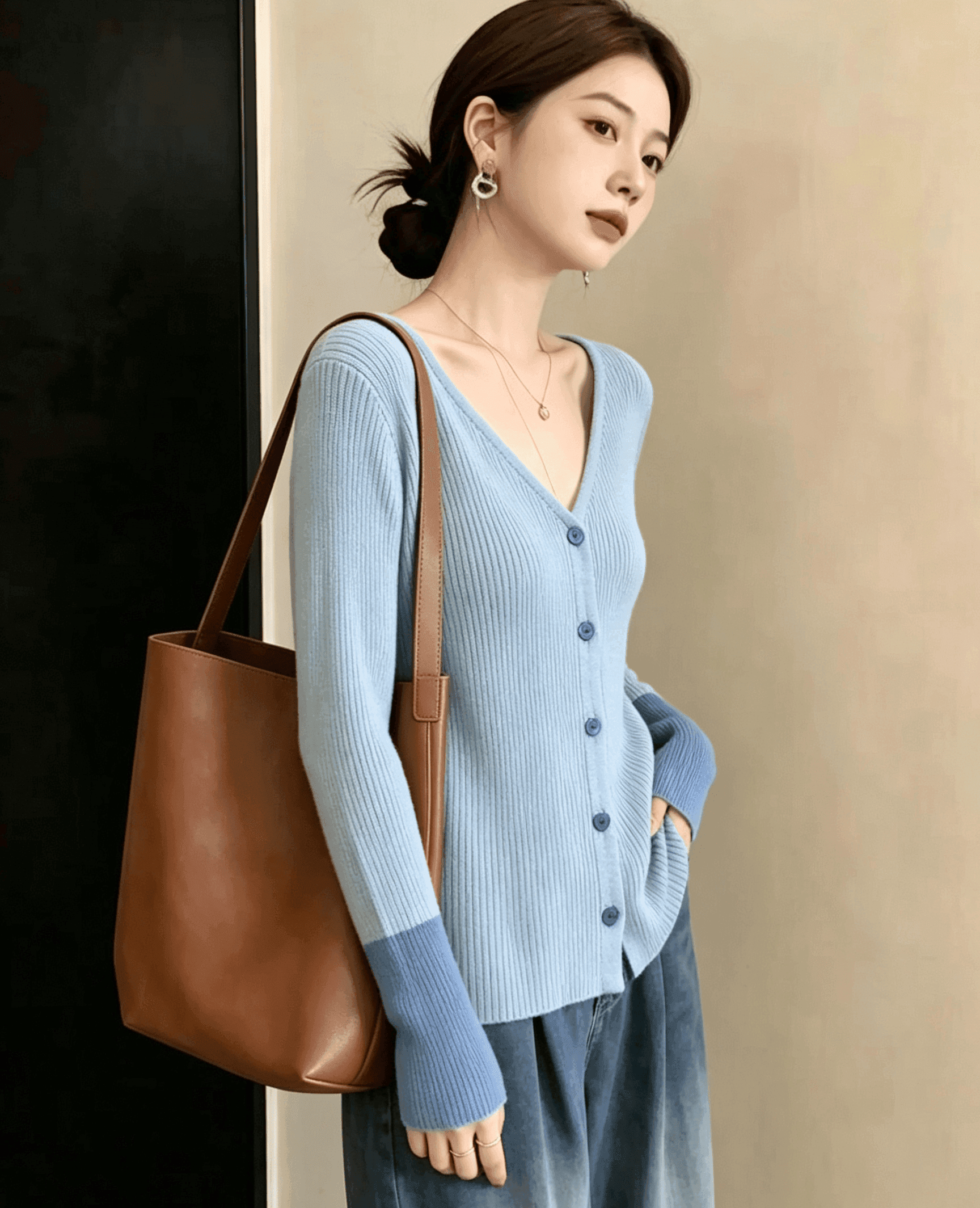 실사 하늘색 나팔 소매 양모 스웨터 여성 패치워크 색상 긴팔 V넥 인사이드 가져 가라. 예쁜 스웨터 상세 이미지 7