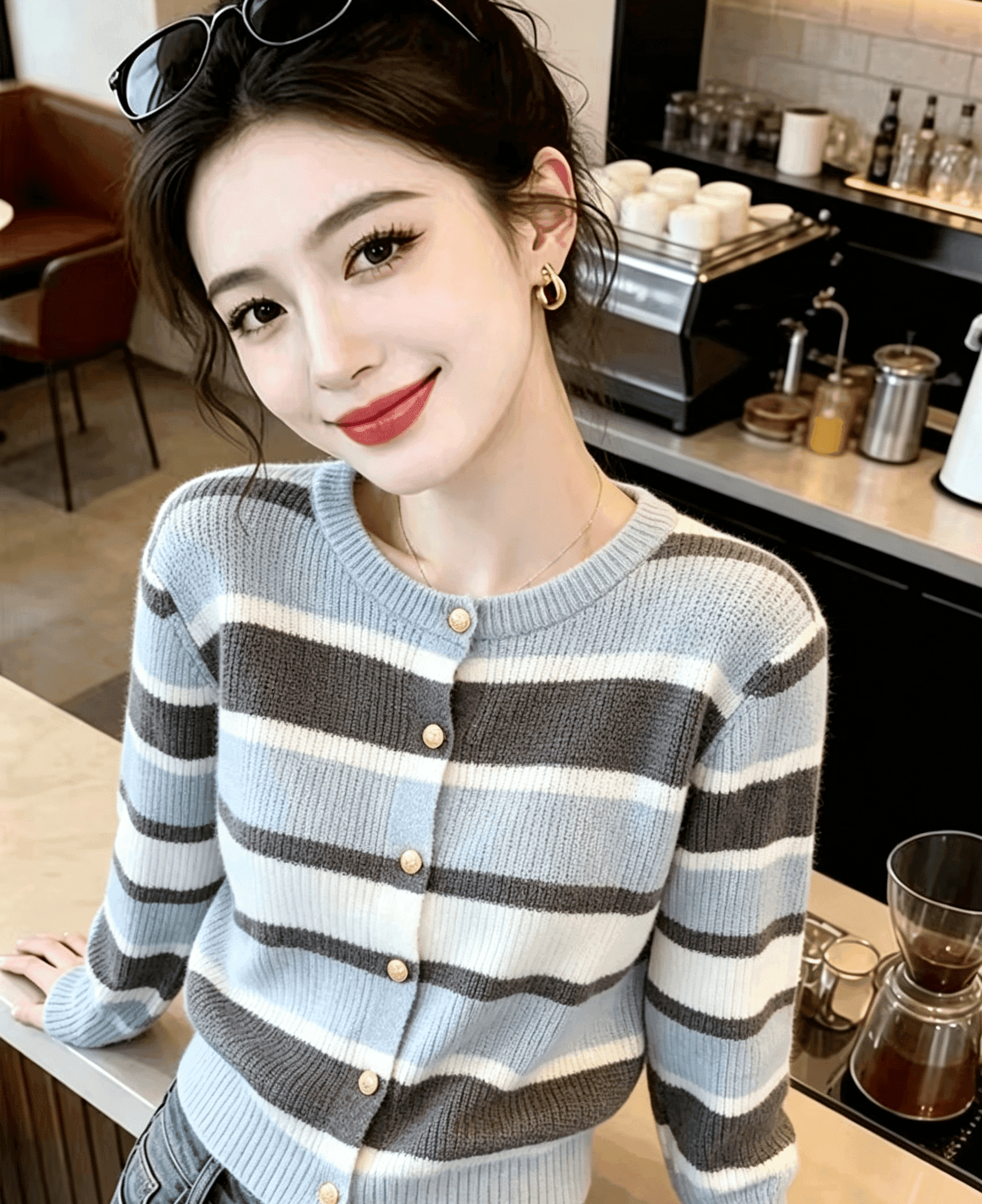 실사 가을 겨울 새로운 파란색 스트라이프 캐주얼 니트 스웨터 스웨터 긴팔 여성 의류 고급 센스 맨위 이미지 2